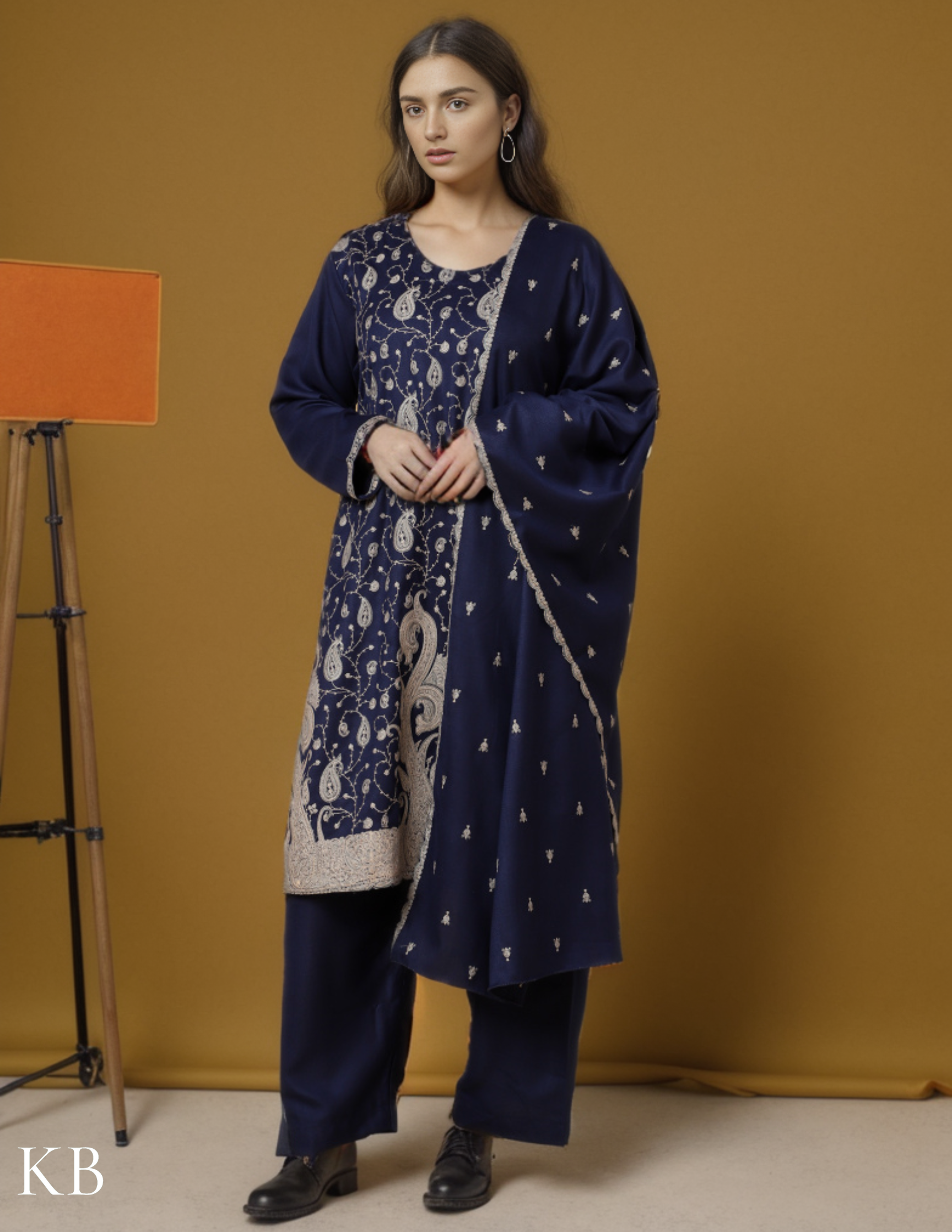 Estate Blue Sozni Embroidered Woolen Suit - Kashmir Box