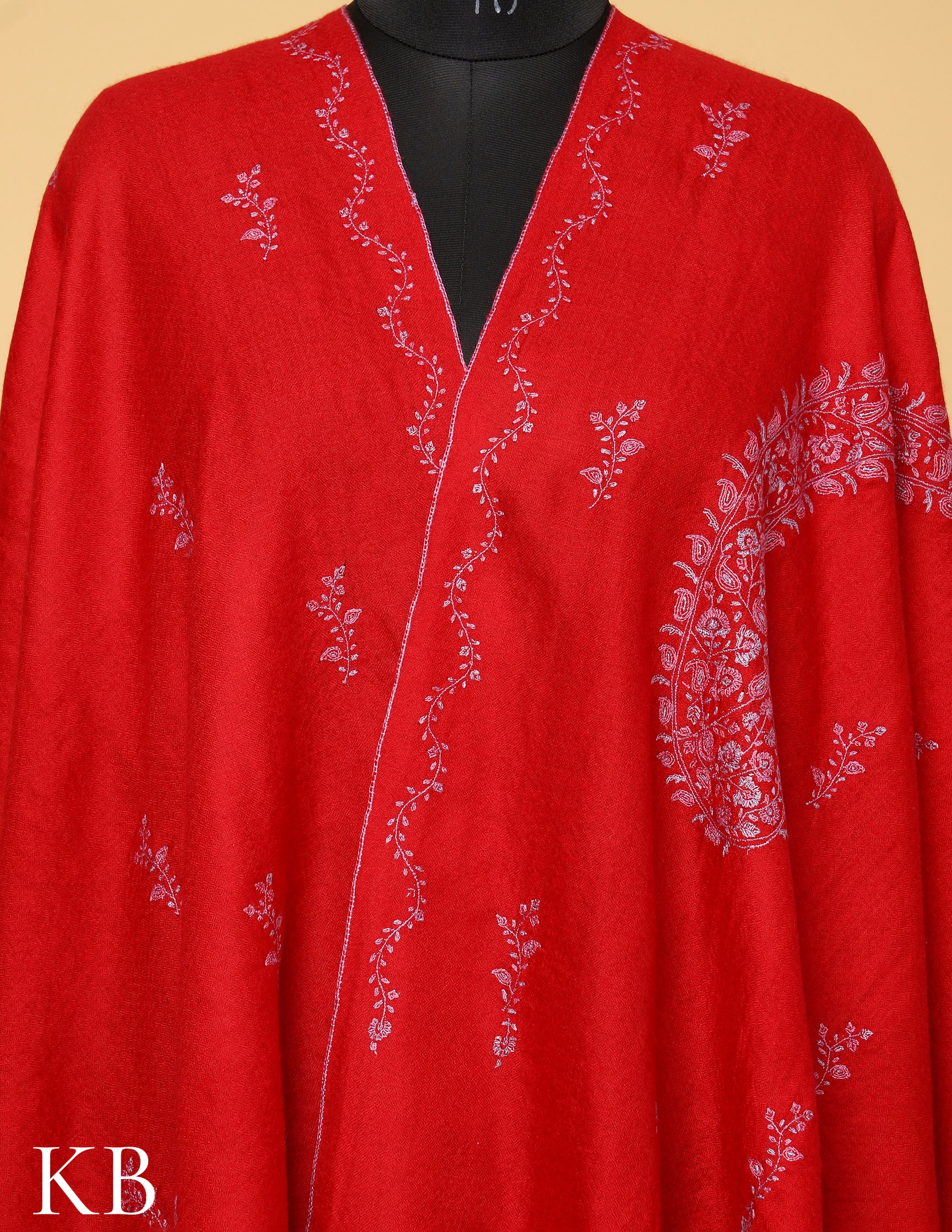 Crimson Red Sozni Embroidered Pure Pashmina Stole - Kashmir Box