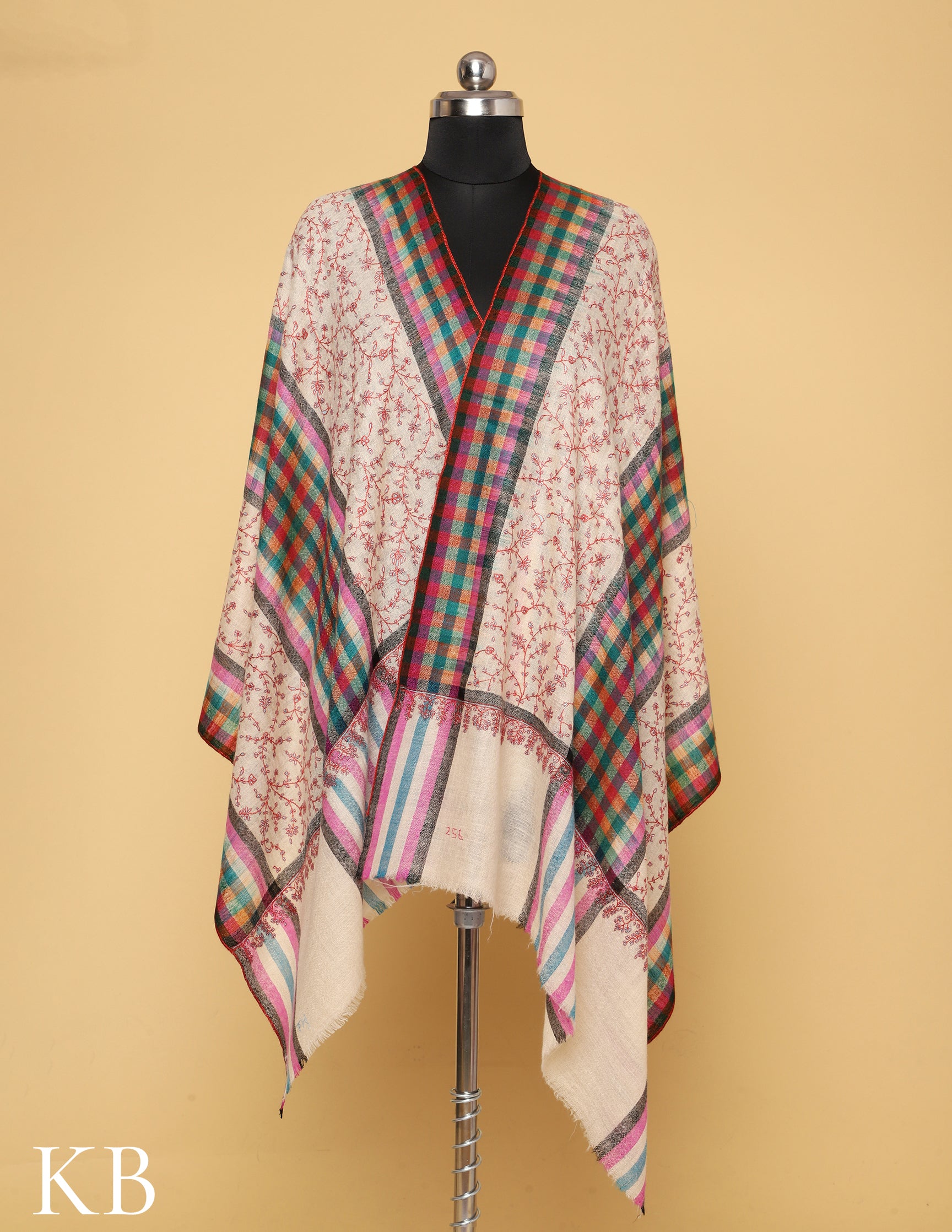 Off White Sozni Embroidered and checked Palla Pure Pashmina Stole - Kashmir Box