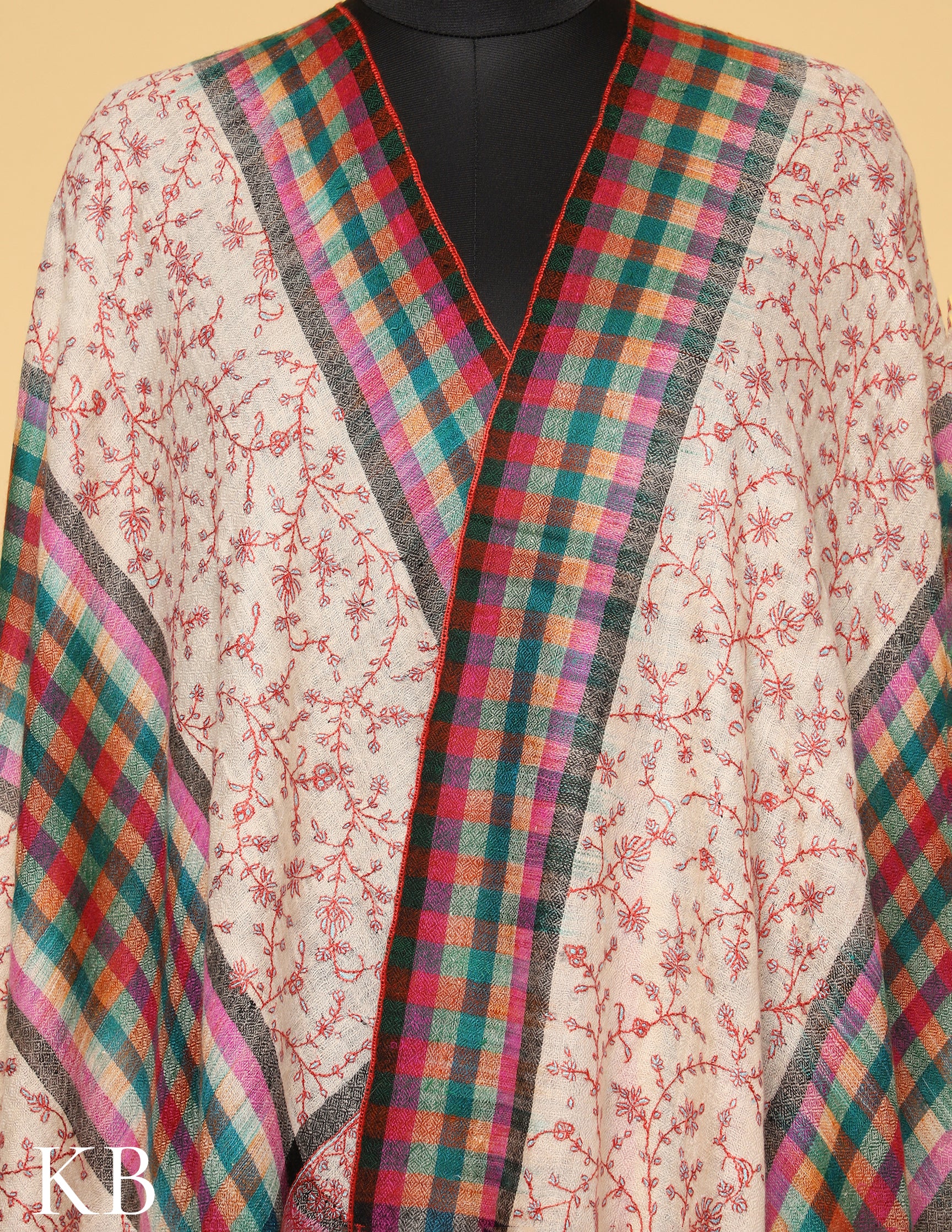 Off White Sozni Embroidered and checked Palla Pure Pashmina Stole - Kashmir Box