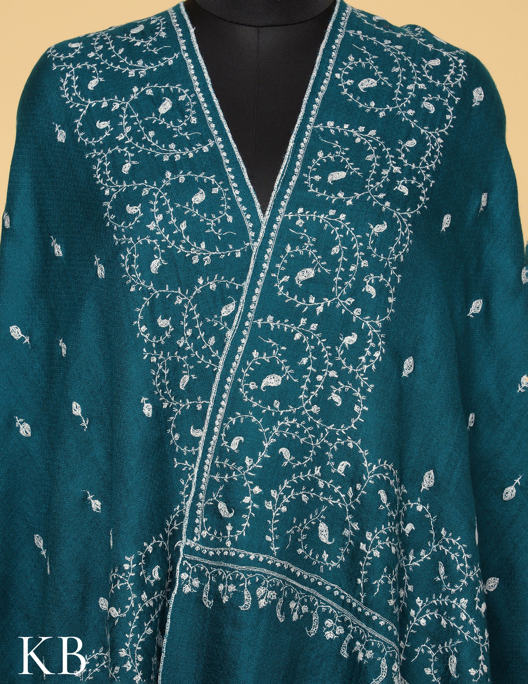 Deep Teal Sozni Embroidered Pure Pashmina Stole - Kashmir Box