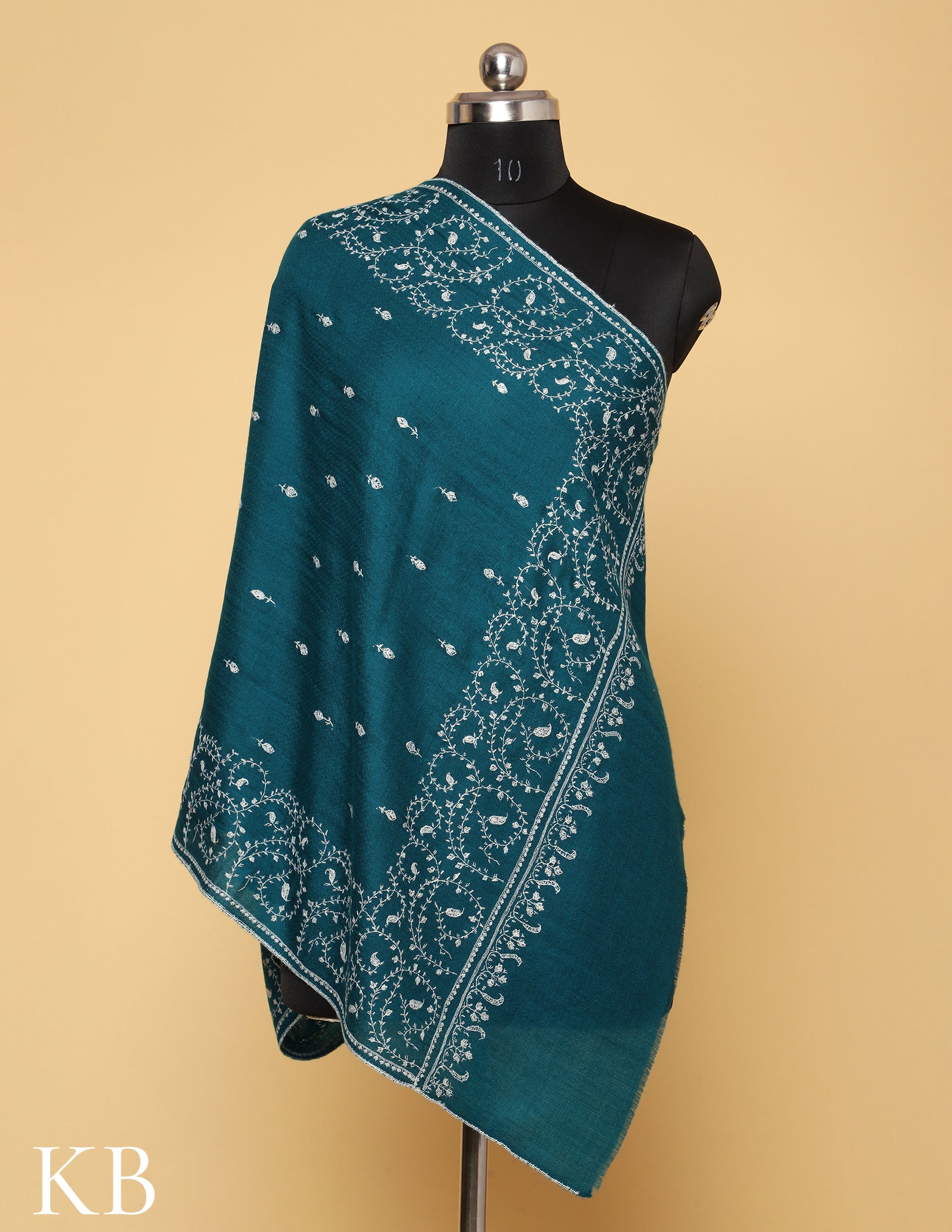 Deep Teal Sozni Embroidered Pure Pashmina Stole - Kashmir Box