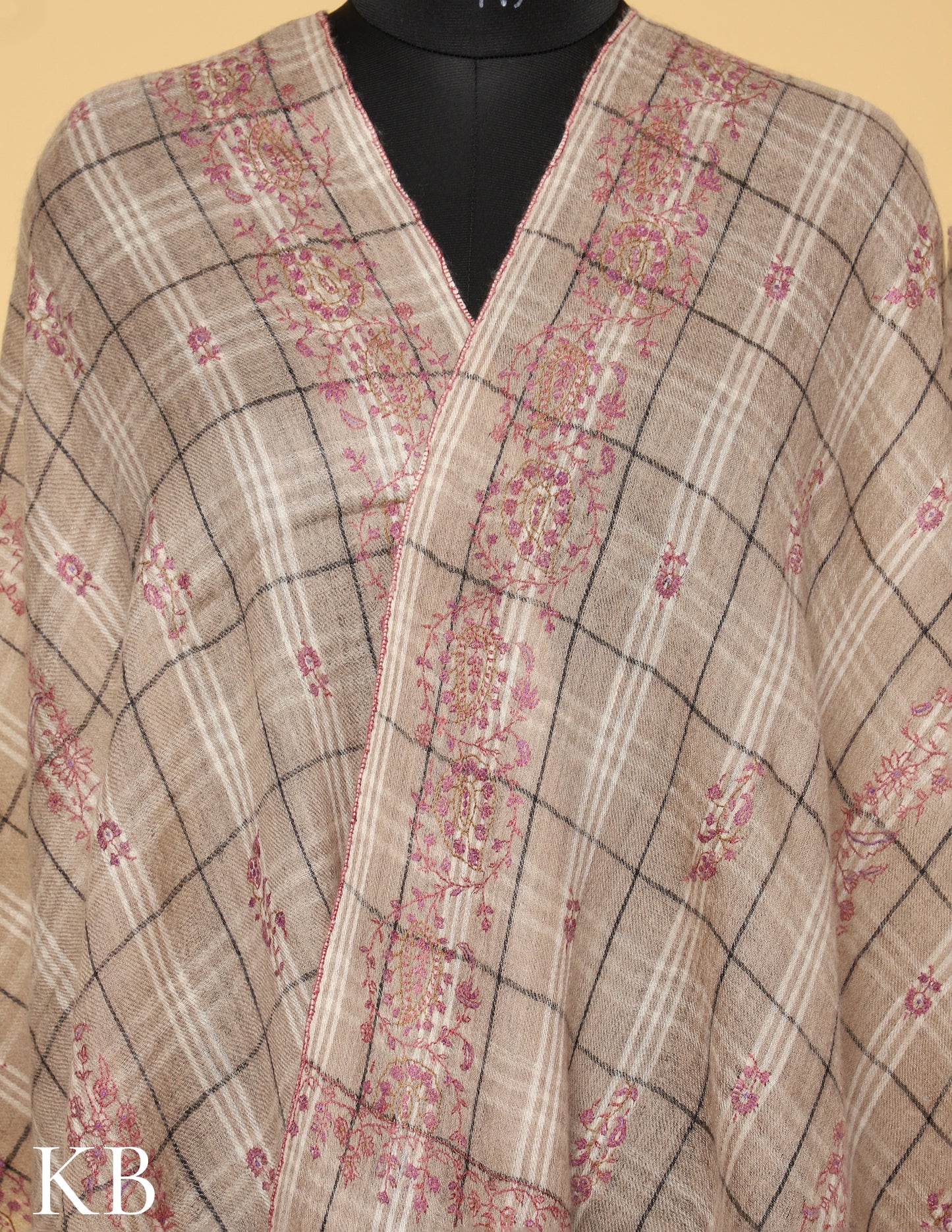 Khaki Sozni Embroidered and Striped Pure Pashmina Stole - Kashmir Box