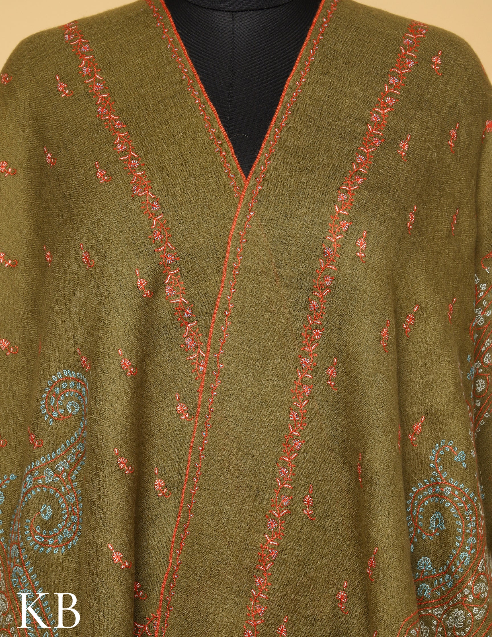 Olive Branch Sozni Embroidered Pure Pashmina Stole - Kashmir Box