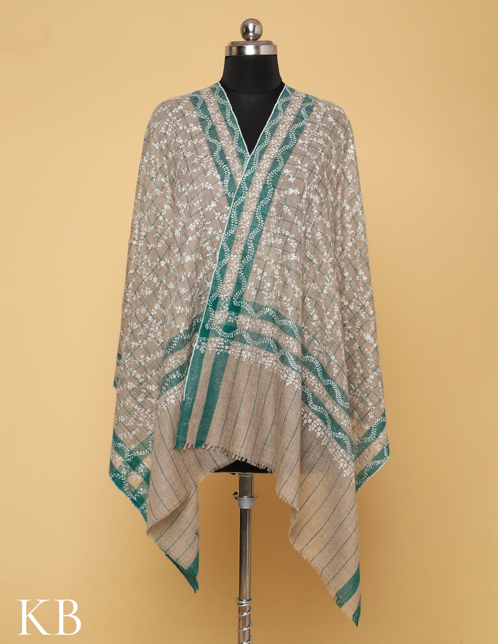 Brandy Tan Sozni Embroidered and Striped Pure Pashmina Stole - Kashmir Box