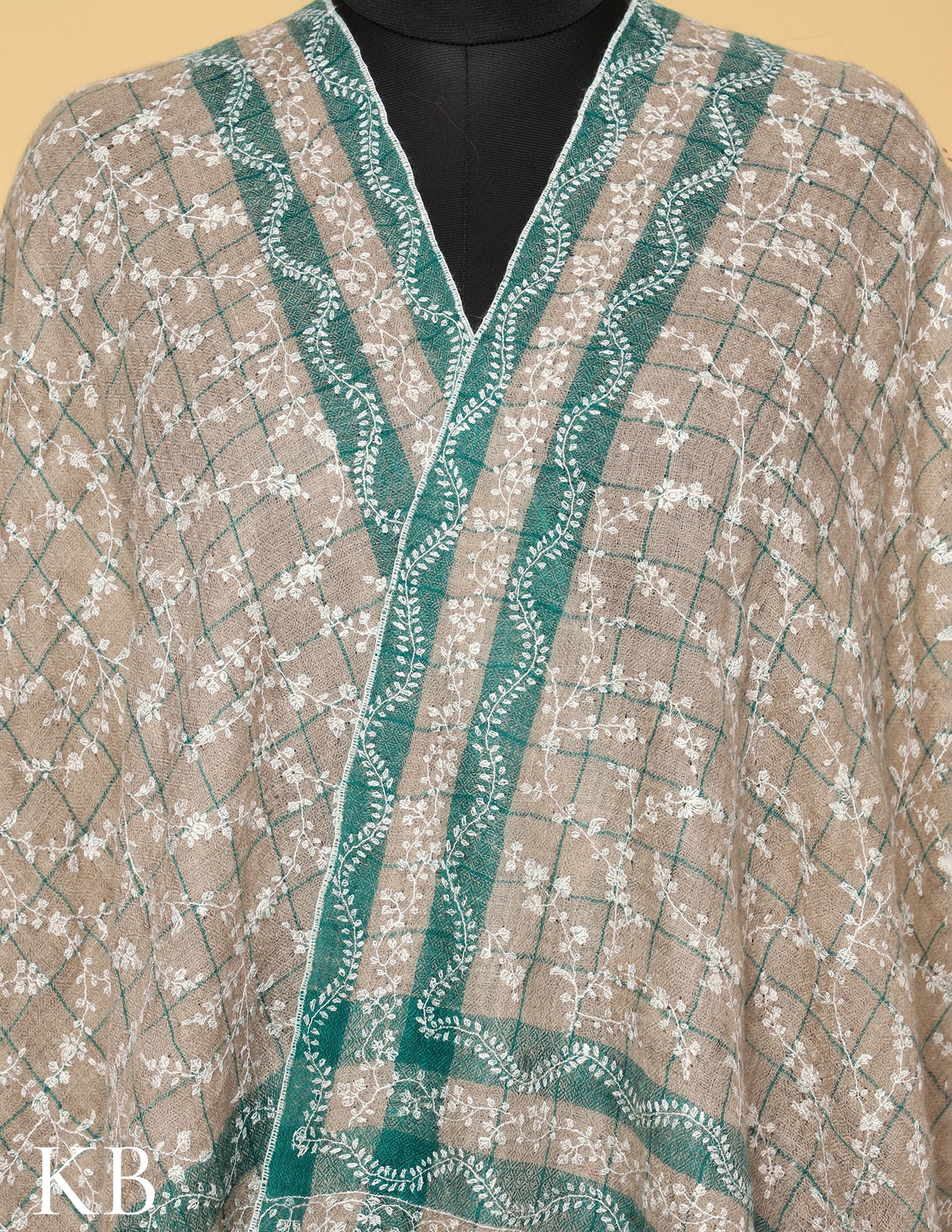 Brandy Tan Sozni Embroidered and Striped Pure Pashmina Stole - Kashmir Box