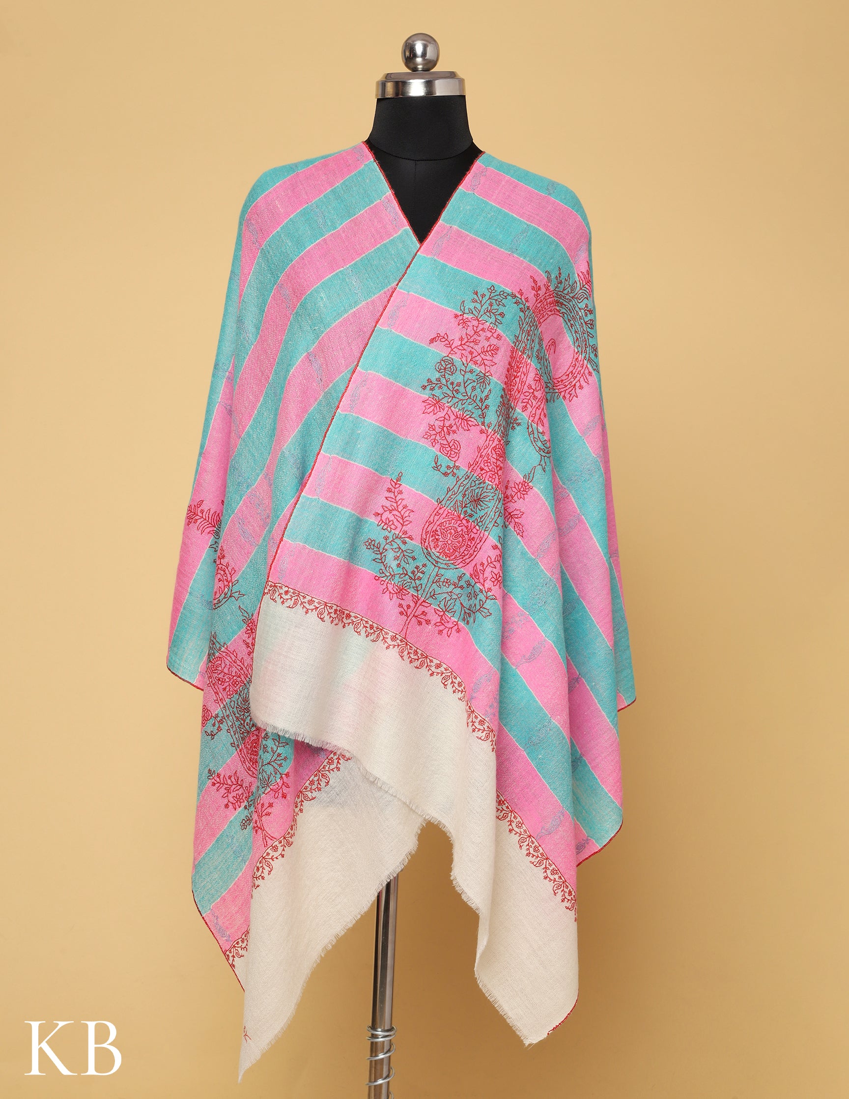 Pink and Turquoise Stripped Sozni Embroidered Pure Pashmina Stole - Kashmir Box