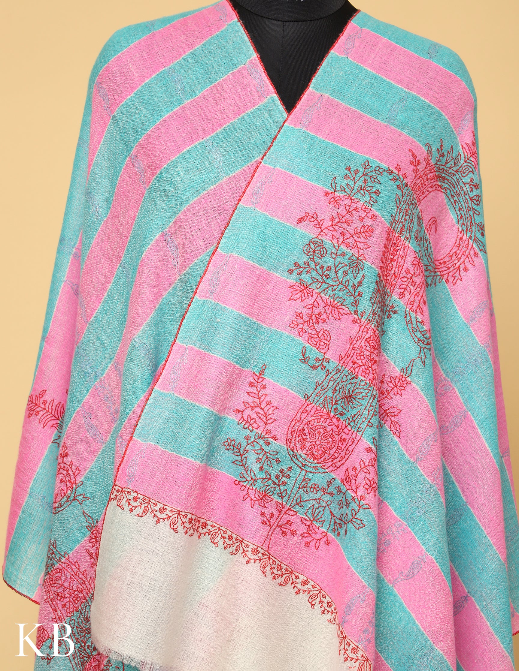 Pink and Turquoise Stripped Sozni Embroidered Pure Pashmina Stole - Kashmir Box