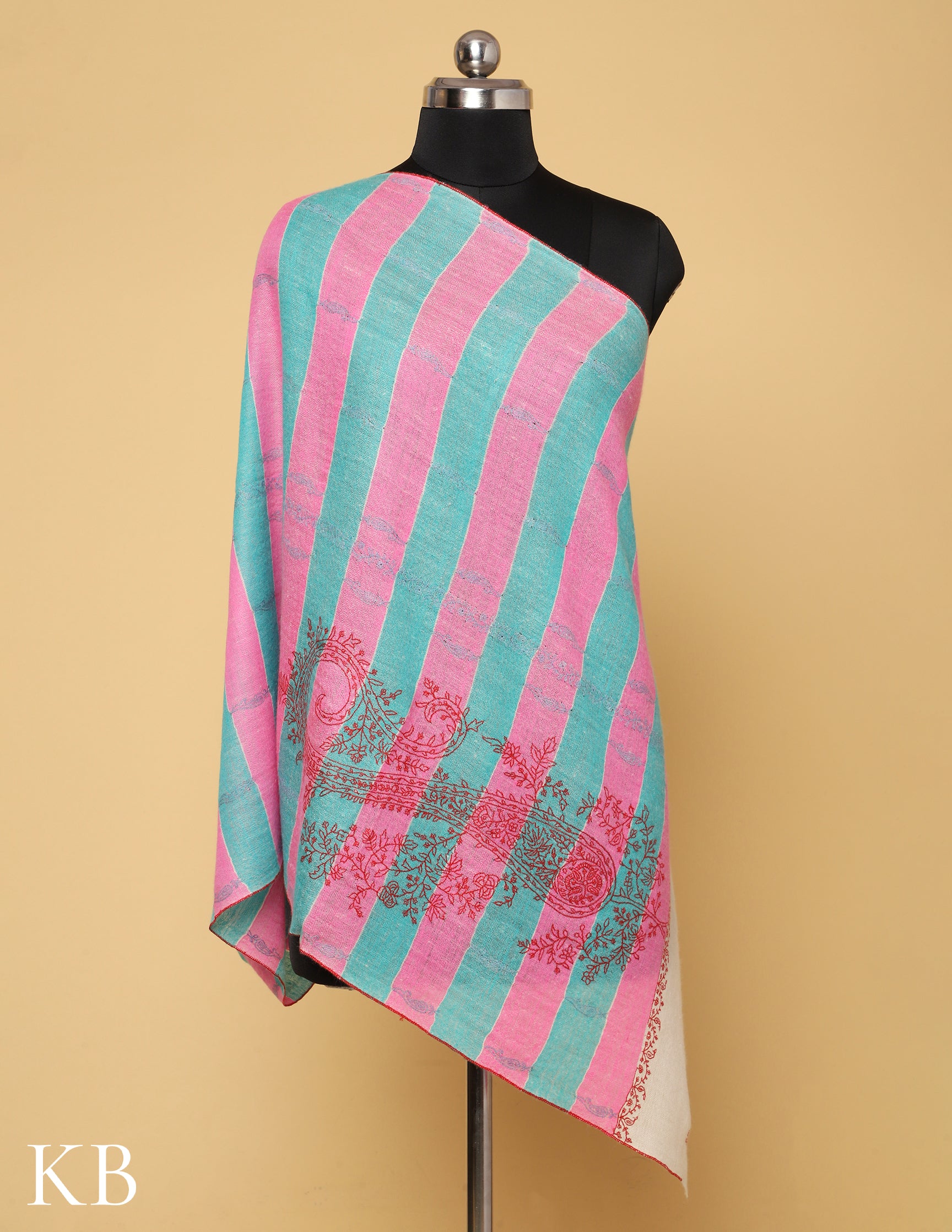 Pink and Turquoise Stripped Sozni Embroidered Pure Pashmina Stole - Kashmir Box
