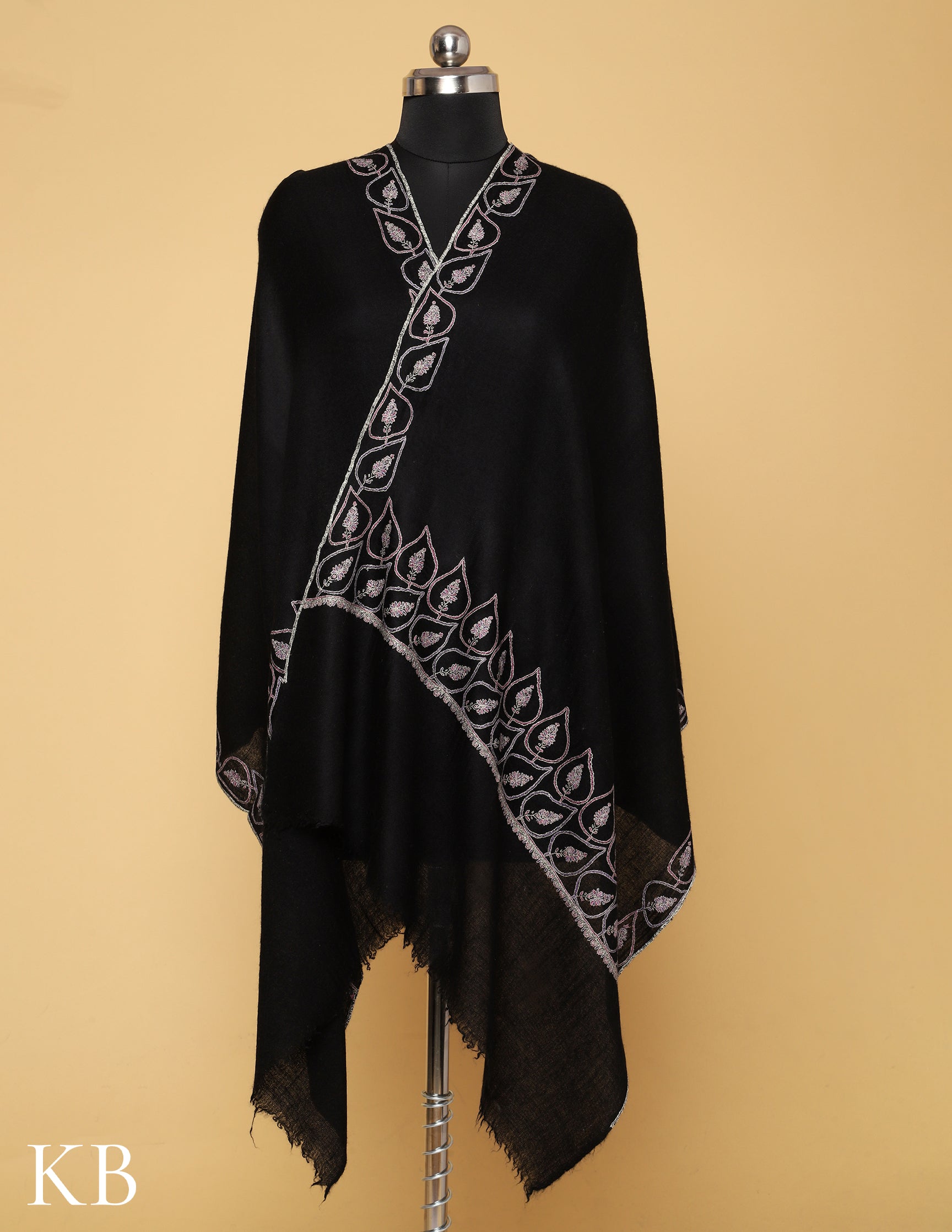 Black Sozni Embroidered Pure Pashmina Stole –