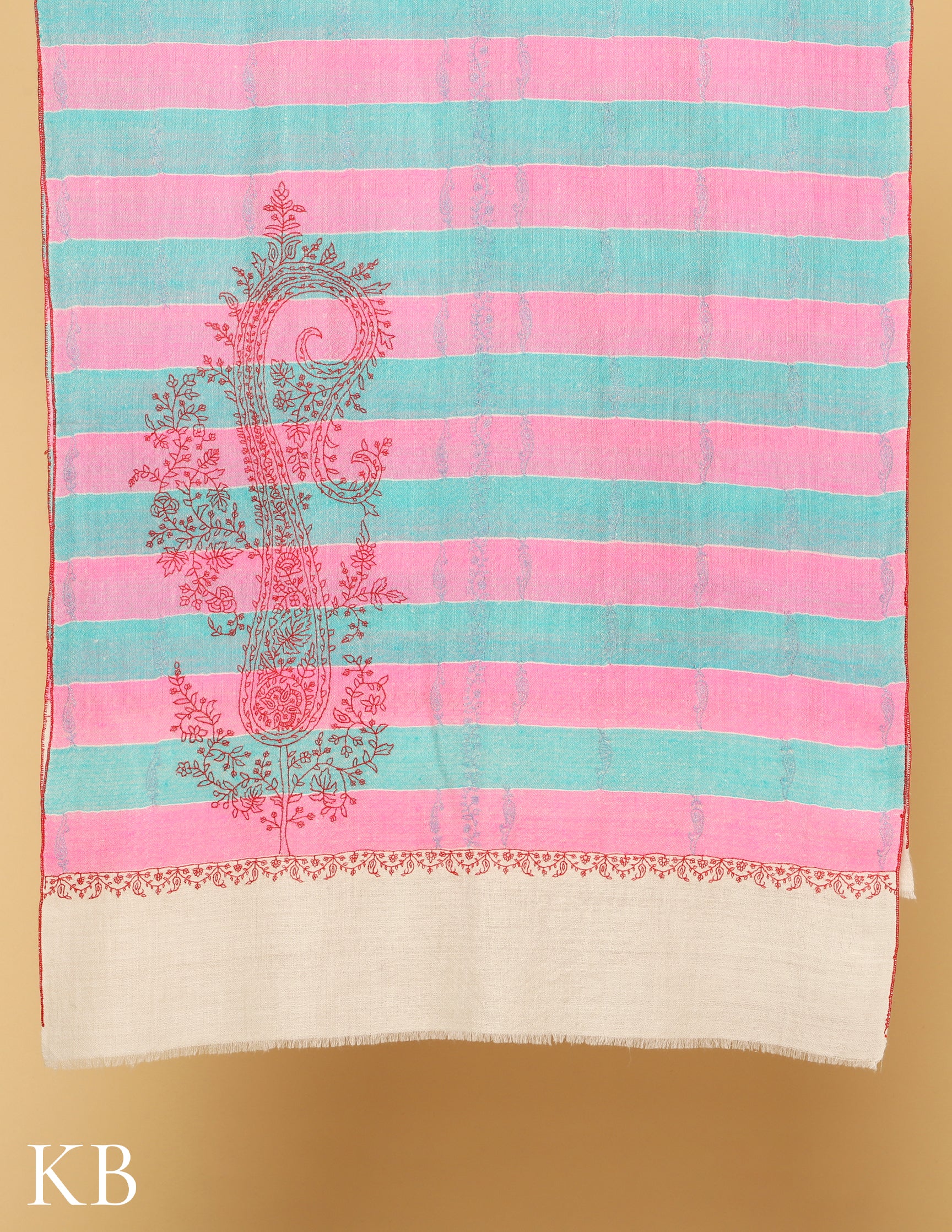 Pink and Turquoise Stripped Sozni Embroidered Pure Pashmina Stole - Kashmir Box