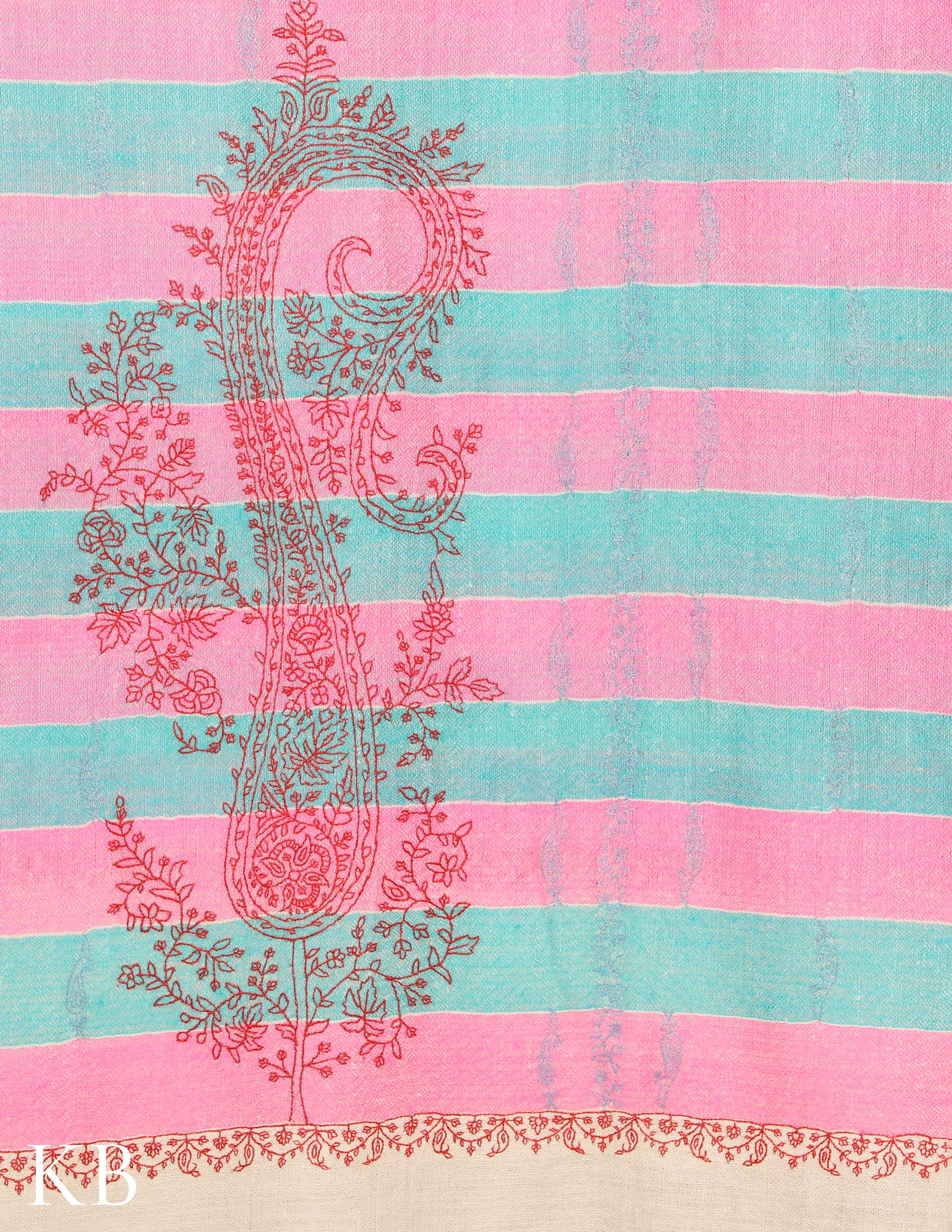Pink and Turquoise Stripped Sozni Embroidered Pure Pashmina Stole - Kashmir Box