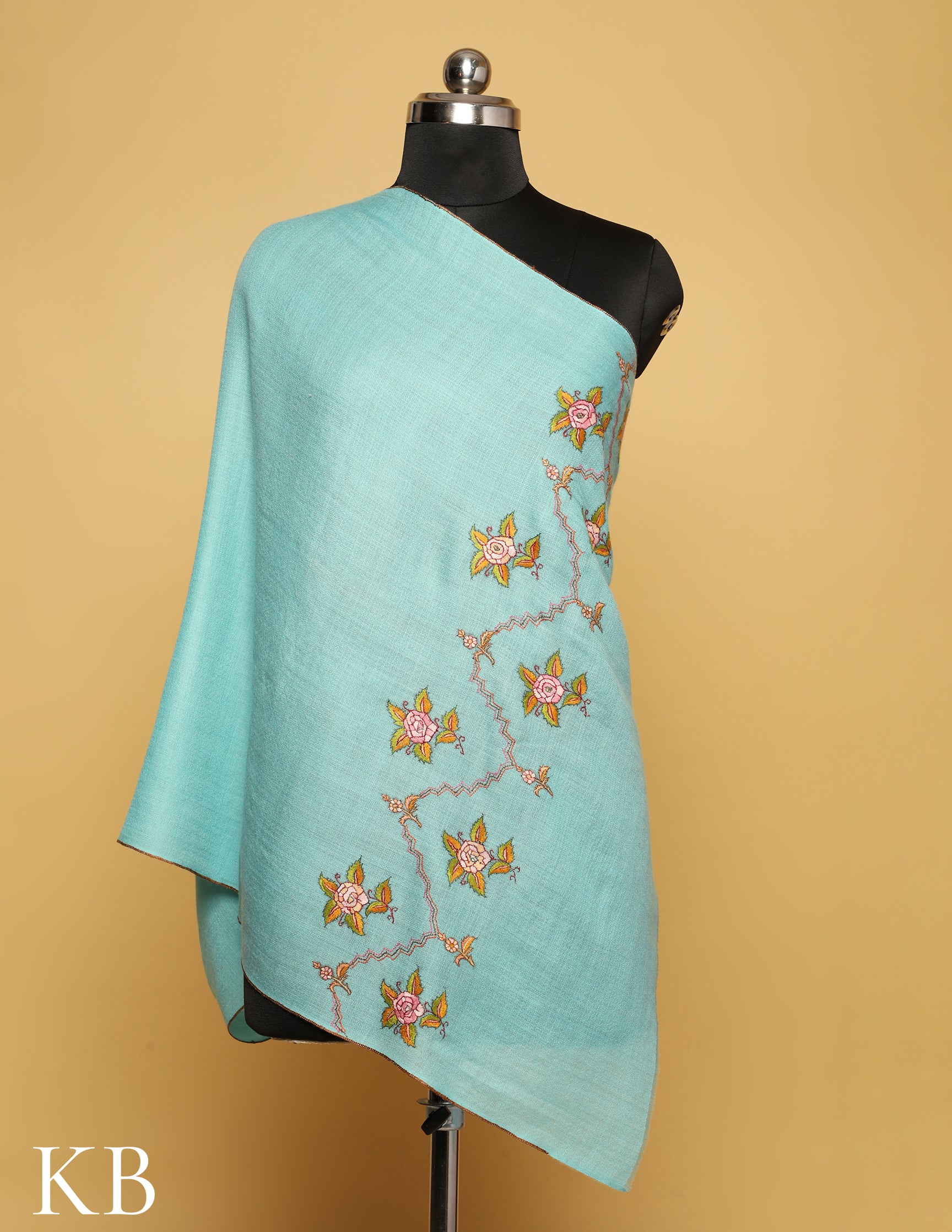Cyan Sozni Embroidered Pure Pashmina Stole - Kashmir Box