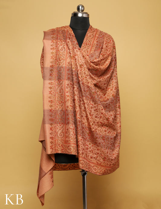 Buff Orange Sozni Embroidered And Stripped Pure Pashmina Shawl - Kashmir Box
