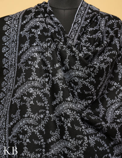 Dark Black Pure Pashmina Sozni Embroidered Shawl - Kashmir Box