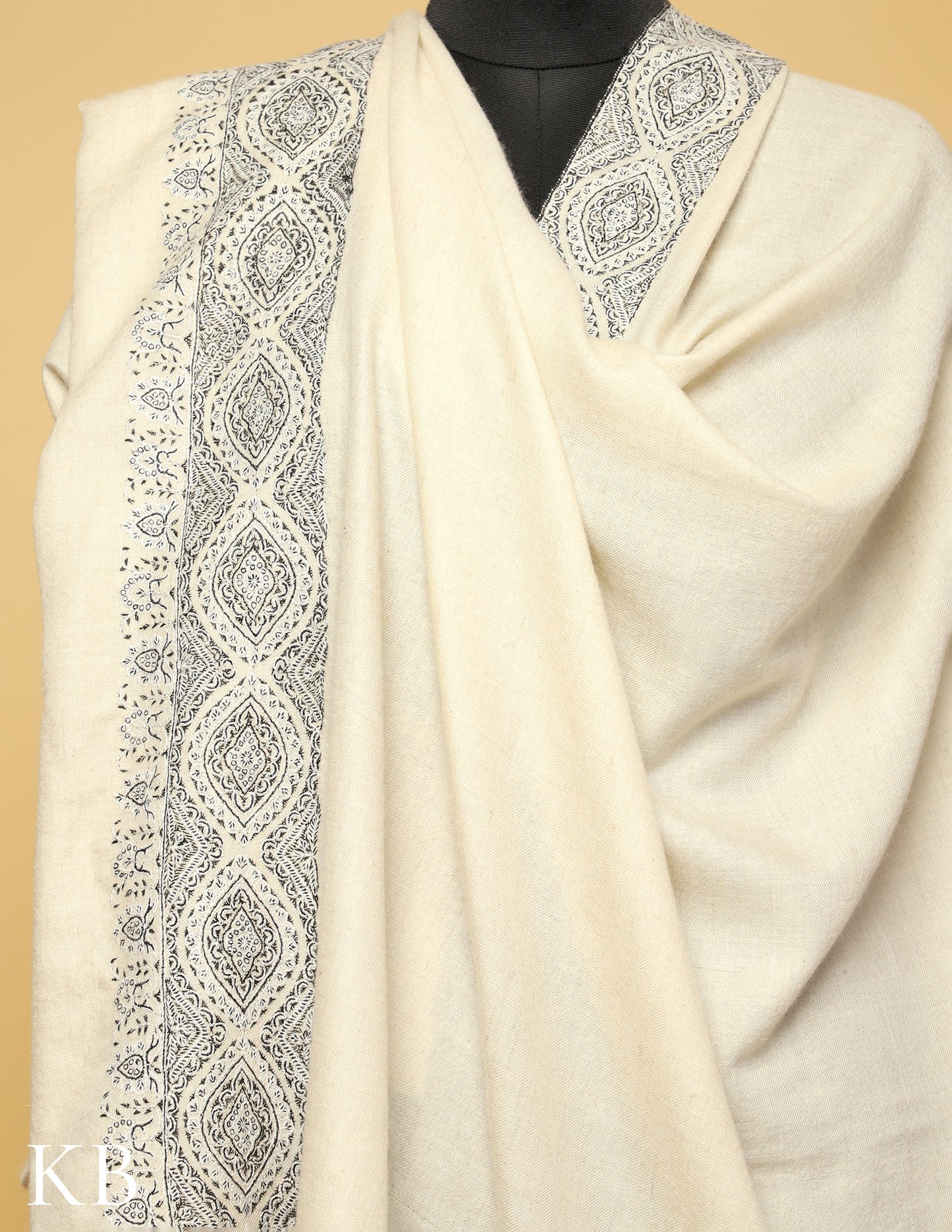 White Cream Sozni Embroidered Pure Pashmina Shawl - Kashmir Box
