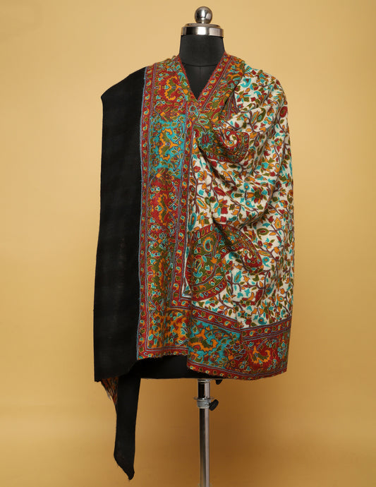 Jet Black Kalamkari Sozni Embroidered Pure Pashmina Shawl - Kashmir Box