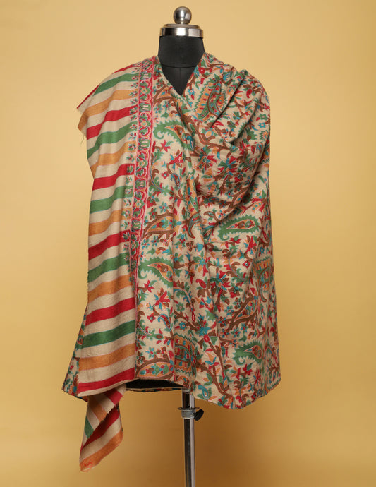 Multicolor Kalamkari Sozni Embroidered Pure Pashmina Shawl - Kashmir Box