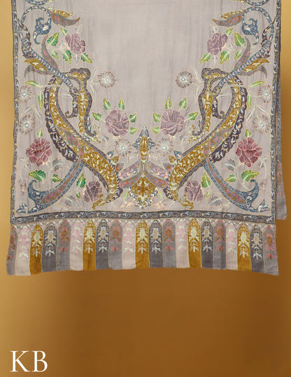 Pale Grey Kalamkari Sozni Embroidered  Pure Pashmina Shawl - Kashmir Box