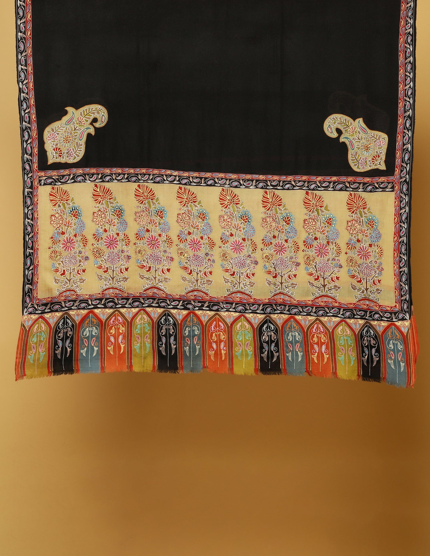 Black Kalamkari Border Sozni Embroidered Pure Pashmina Shawl - Kashmir Box