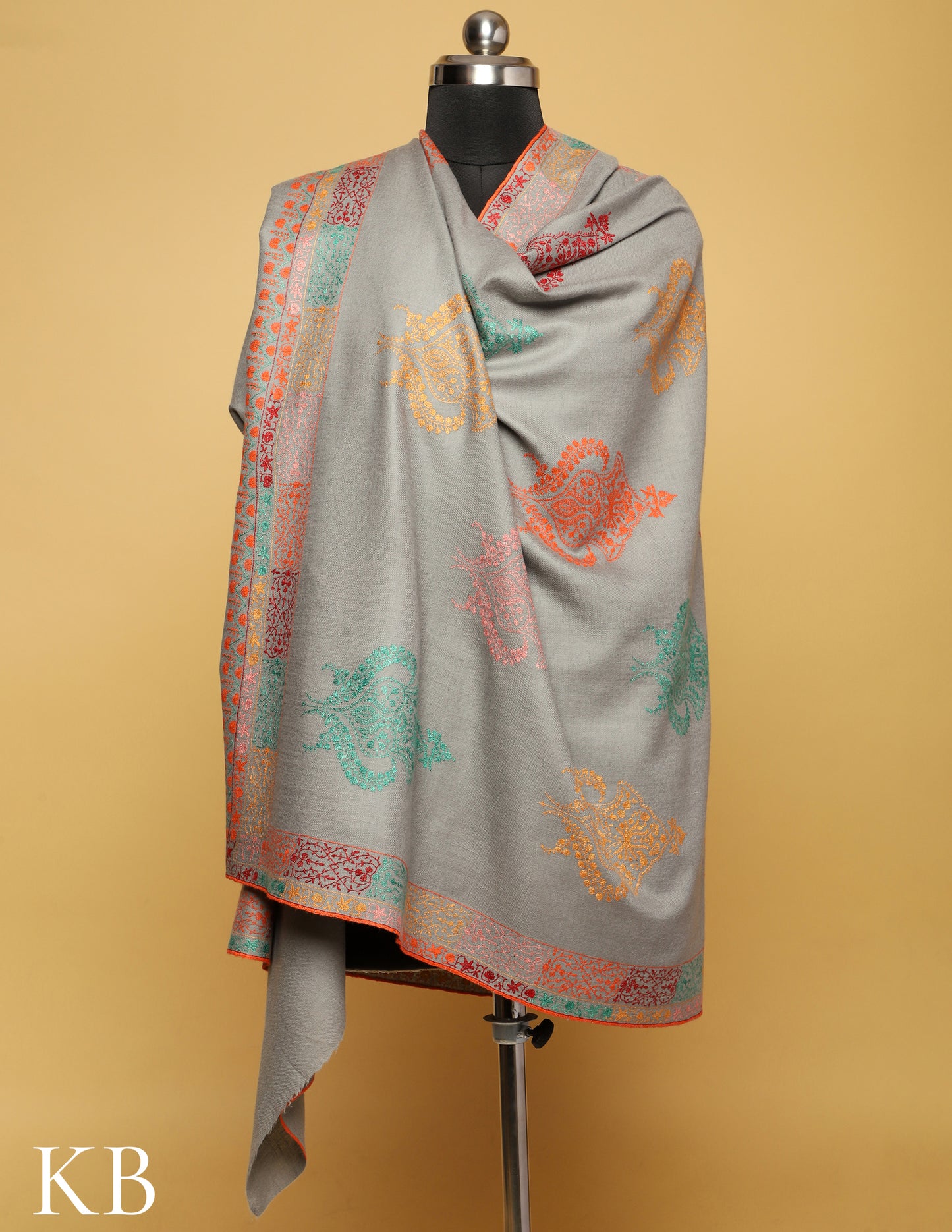 Citadel Grey Bootidaar Sozni Embroidered Pure Pashmina Shawl - Kashmir Box