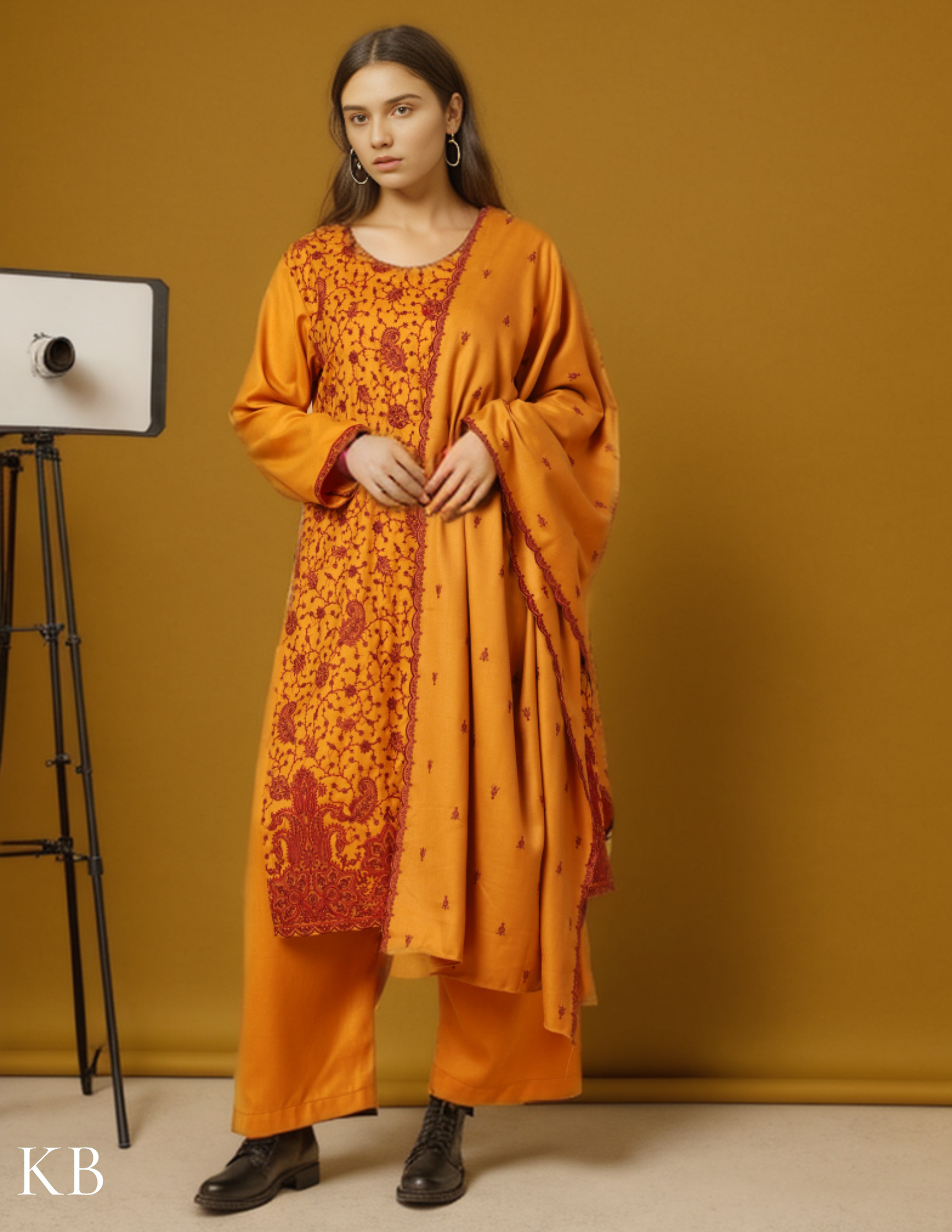 Mustard Marigold Sozni Embroidered Woolen Suit - Kashmir Box