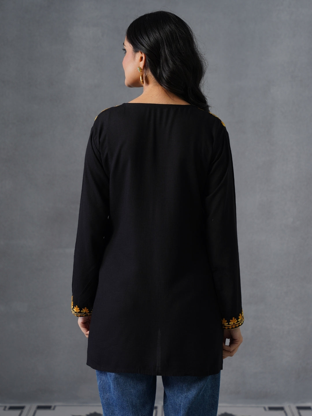 Women’s Black Kashmiri Aari Embroidered Yellow Floral Short Kurti – Casual Office Wear