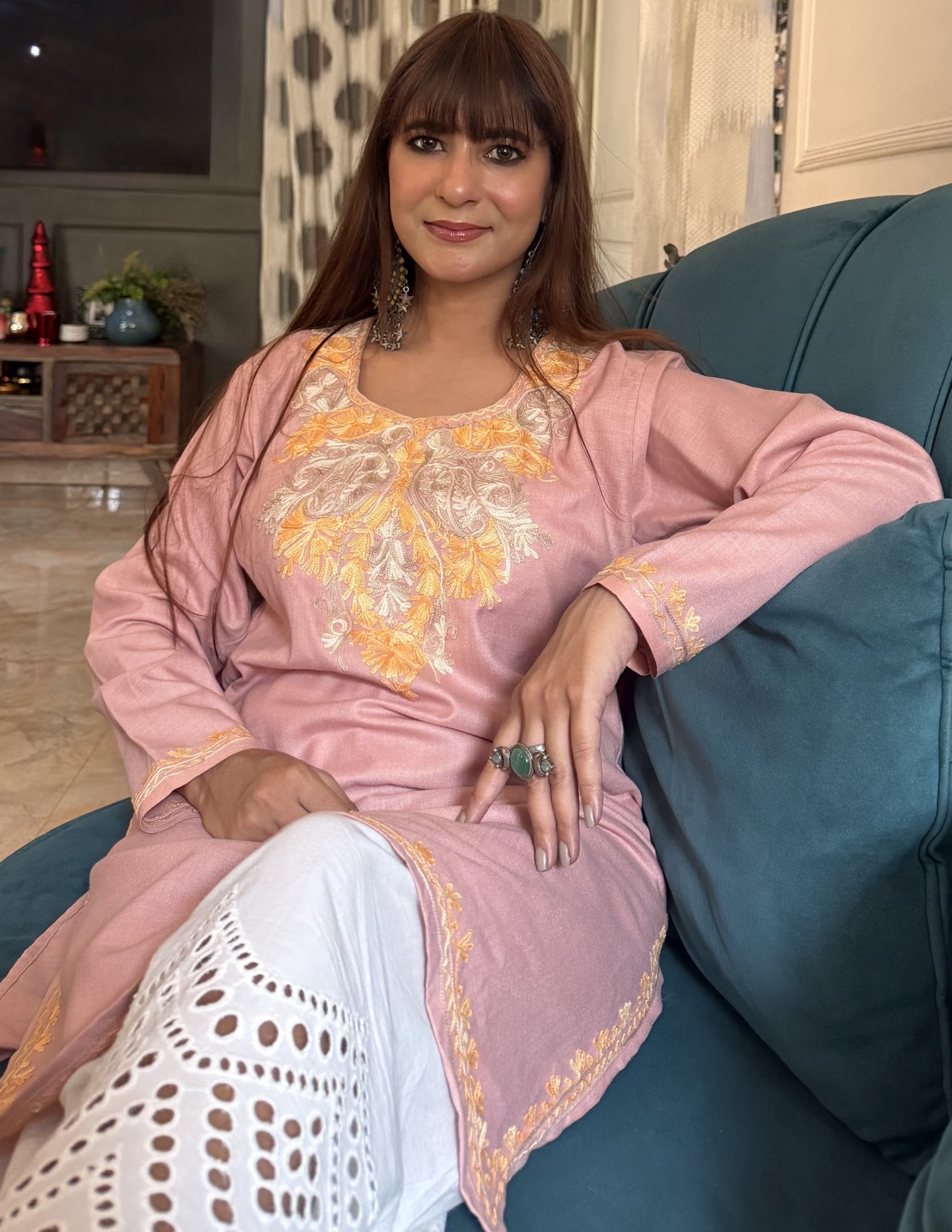 Nigeen Dusky Pink Kashmiri Aari Embroidered Cotton Kurti for Women - Kashmir Box