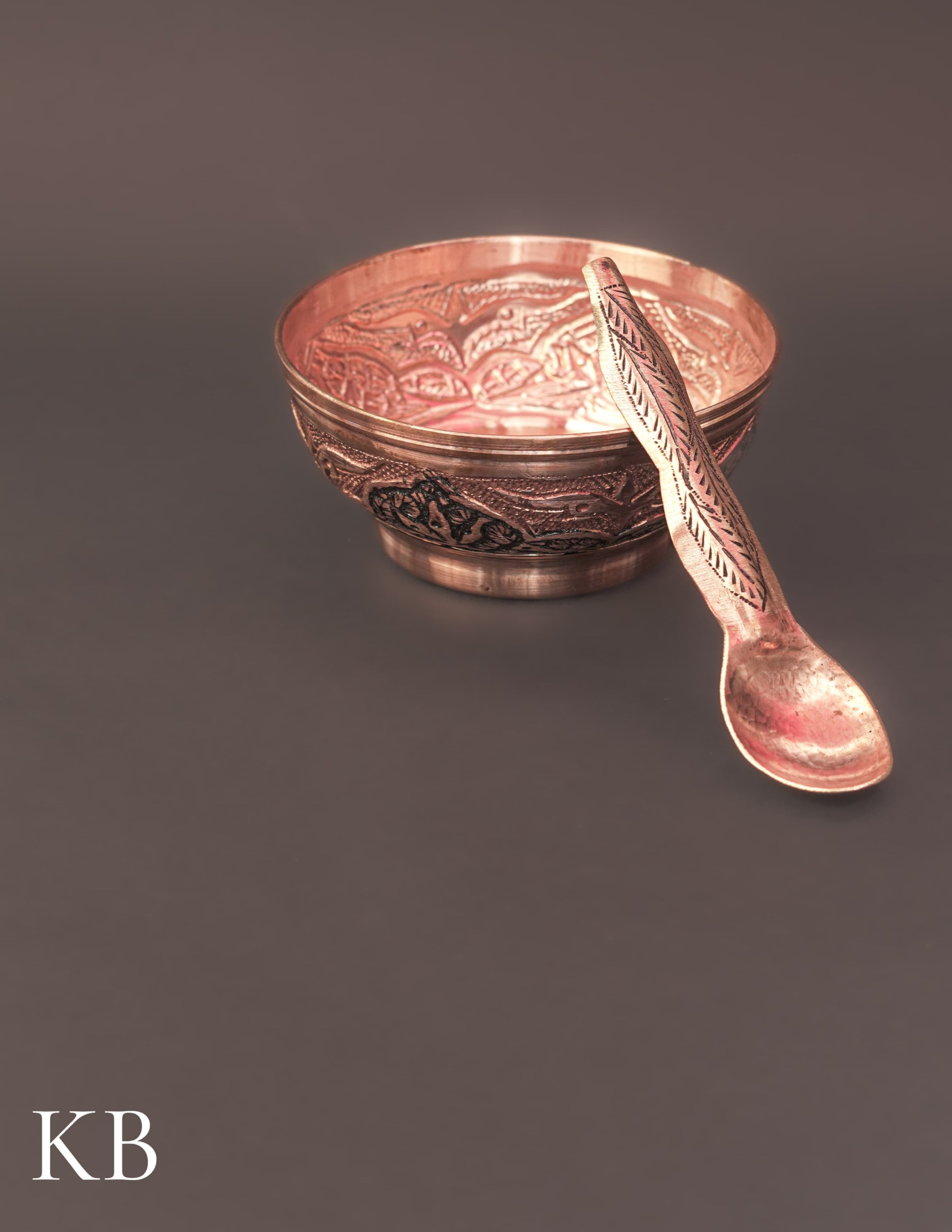 Kashmiri Copperware Small Bowl with Spoon | Artisan-Made | Handcrafted Heritage - Kashmir Box