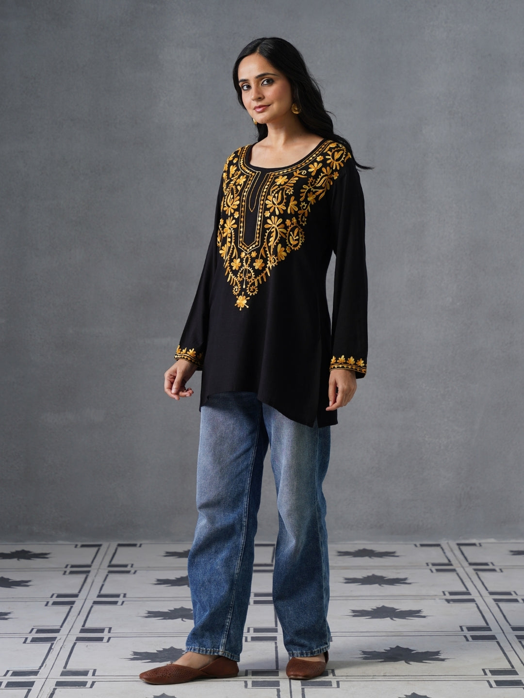 Women’s Black Kashmiri Aari Embroidered Yellow Floral Short Kurti – Casual Office Wear