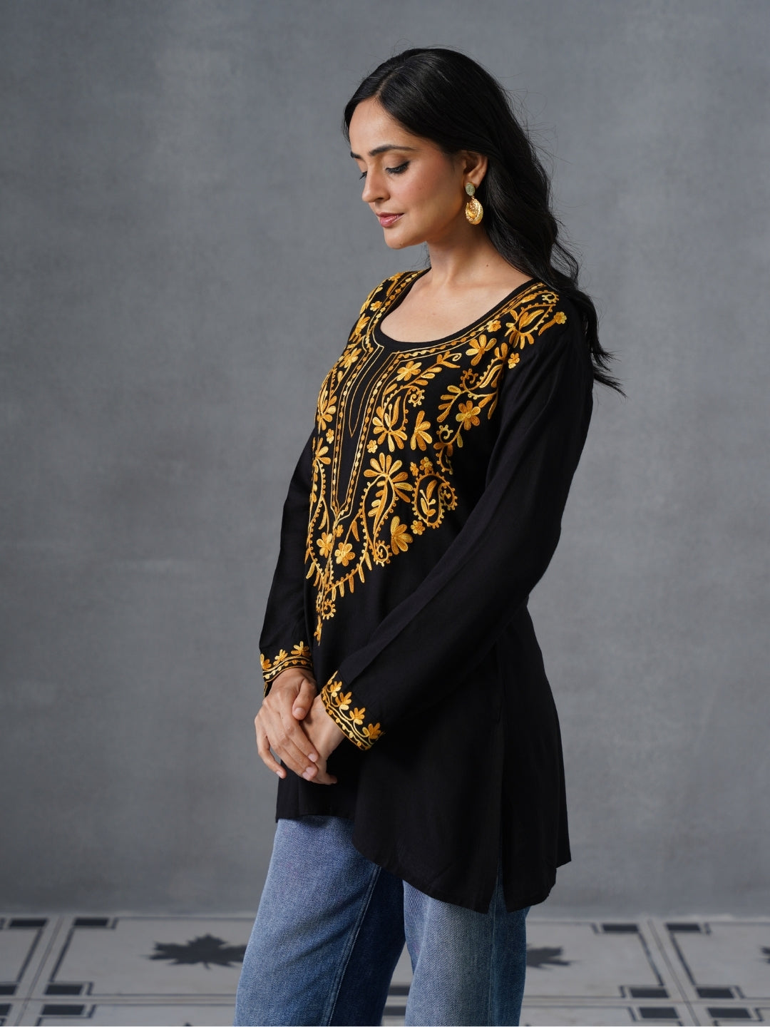Women’s Black Kashmiri Aari Embroidered Yellow Floral Short Kurti – Casual Office Wear