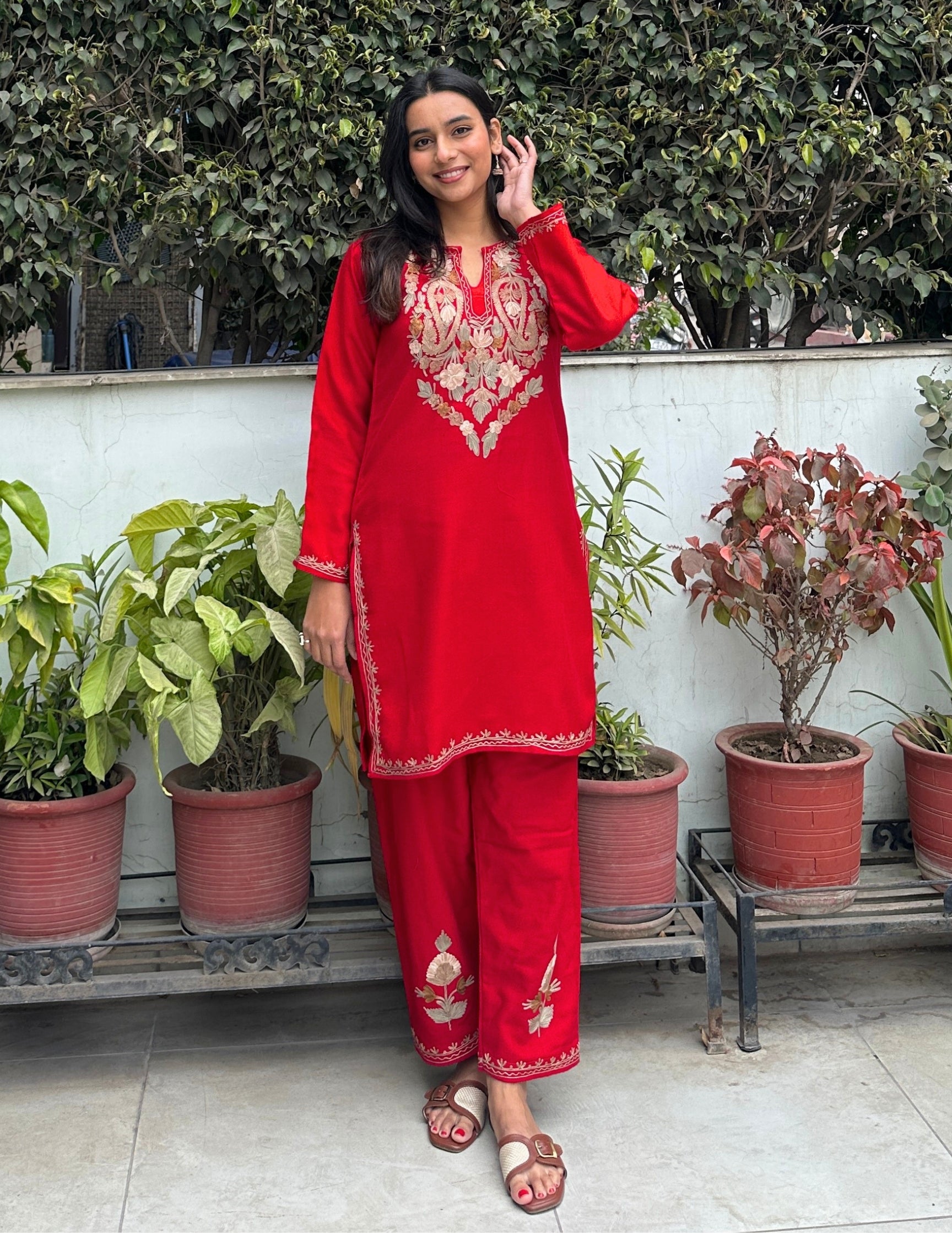 Kashmiri Multi-Toned Brown Aari Embroidered Woollen Coordset – Red | Classic Winter Wear