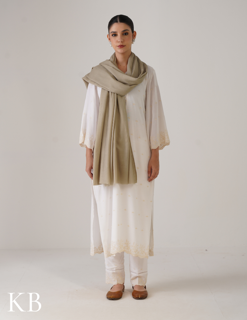 Pale Olive Green Solid Woollen Shawl | Soft Winter Neutral - Kashmir Box