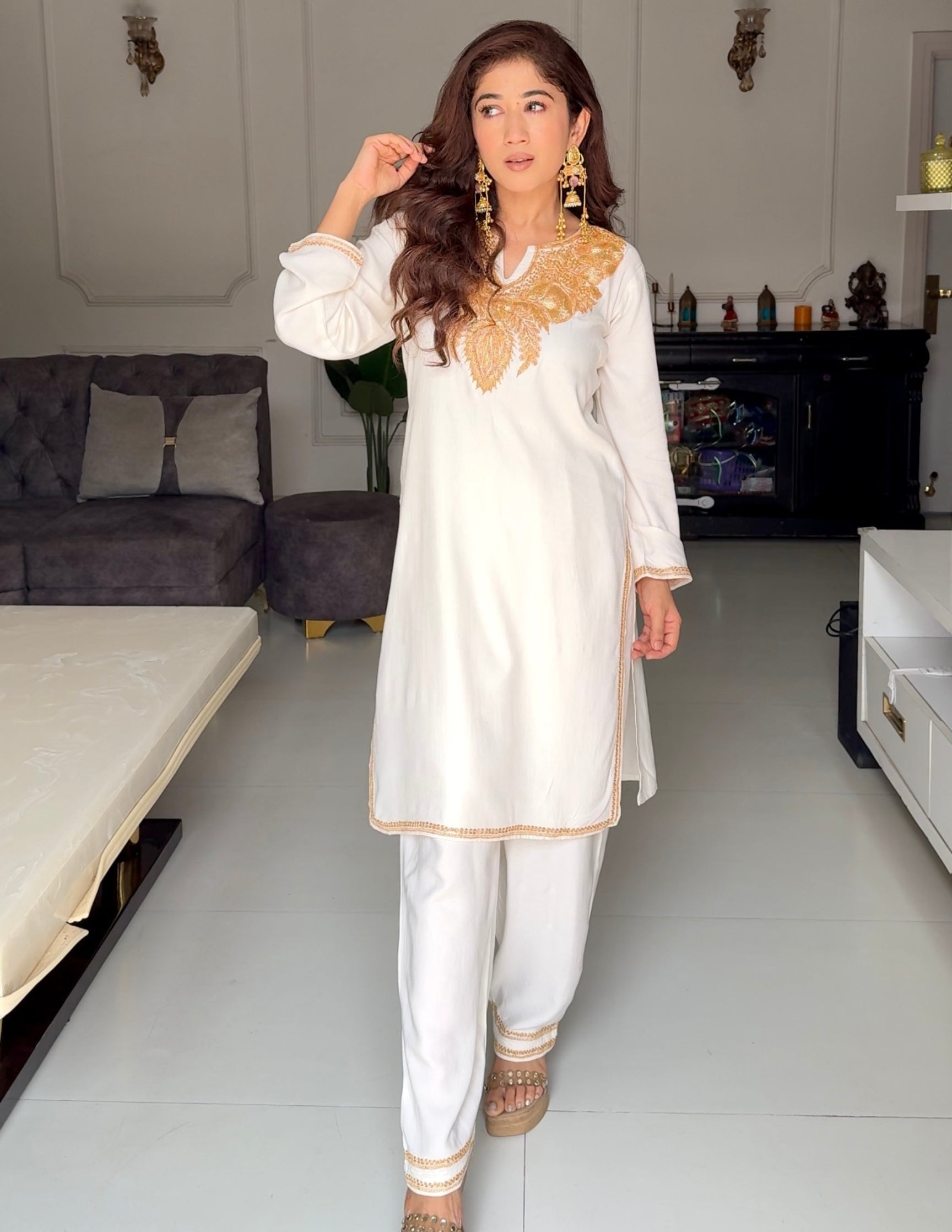 Kashmiri Golden Boti Tilla Embroidered Woollen Coordset β White | Handcrafted Heritage