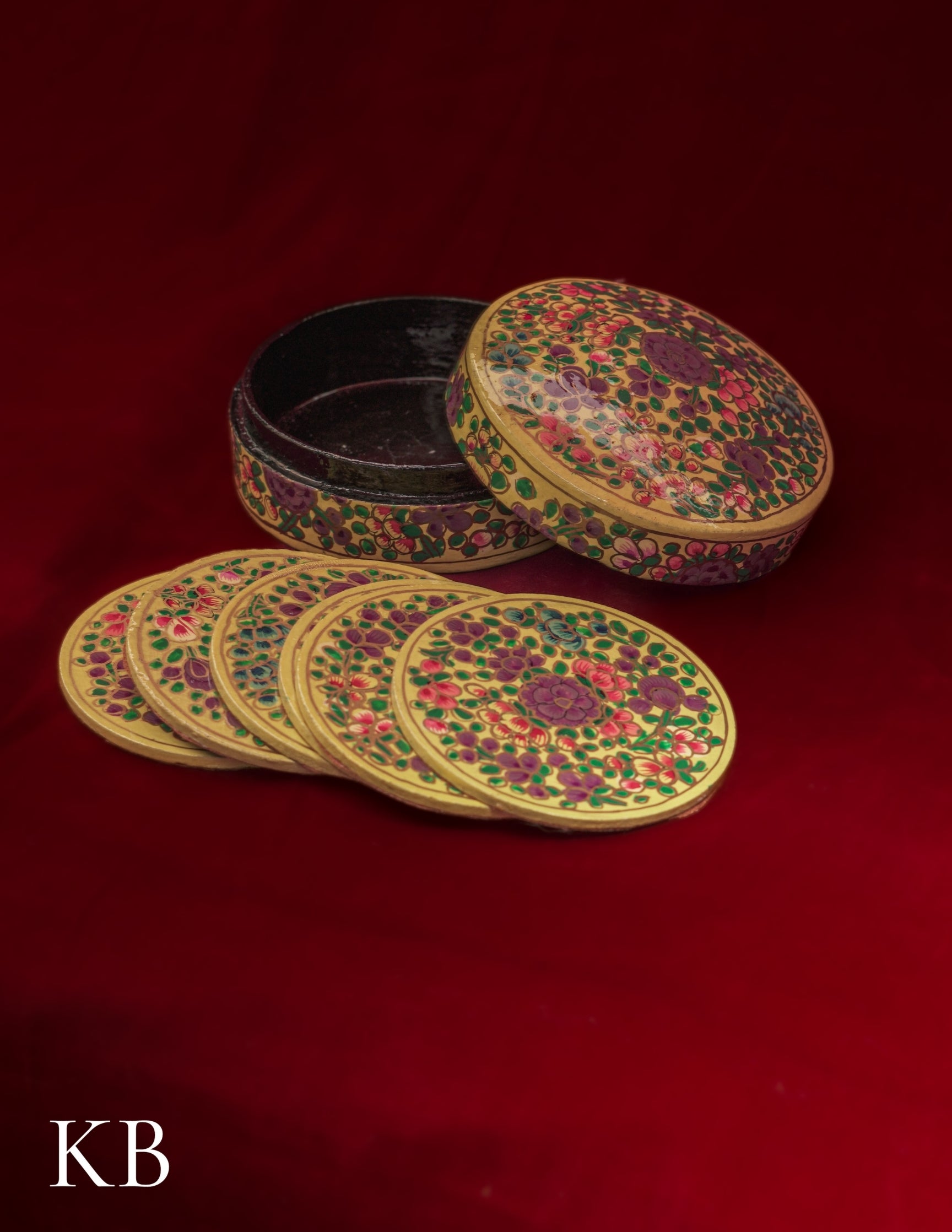 Kashmiri Papier Mâché Round Coaster Set – Hand-Painted Yellow Floral (Set of 6) | Artisan-Made | Handcrafted Heritage - Kashmir Box