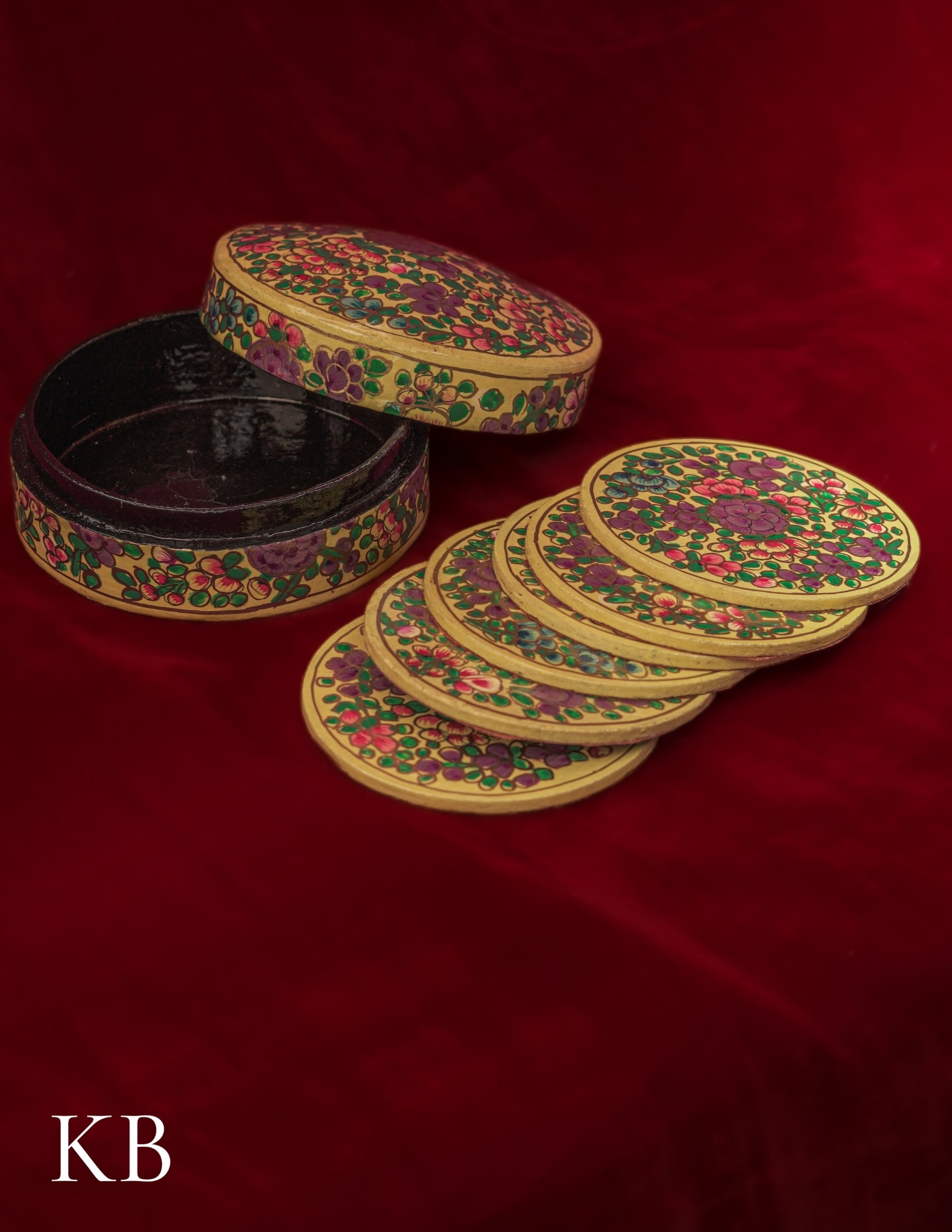 Kashmiri Papier Mâché Round Coaster Set – Hand-Painted Yellow Floral (Set of 6) | Artisan-Made | Handcrafted Heritage - Kashmir Box