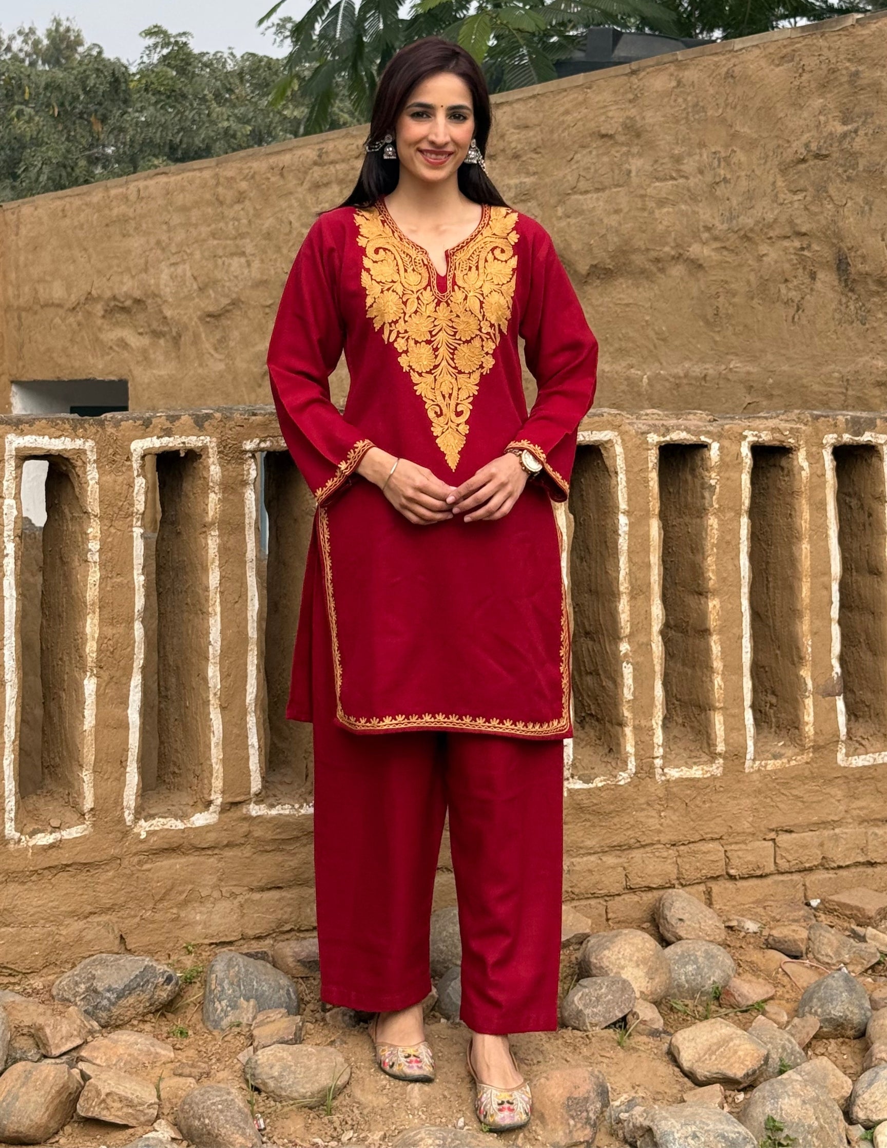 Kashmiri Mustard Aari Embroidered Woollen Coordset β Maroon | Refined Winter Wear