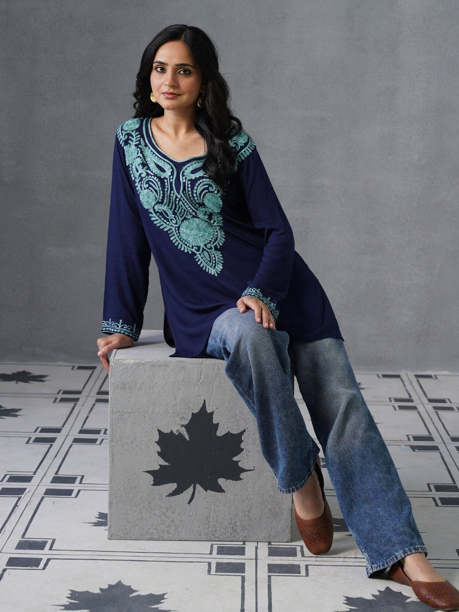 Women’s Navy Blue Kashmiri Aari Embroidered Short Kurti – Casual & Office Wear