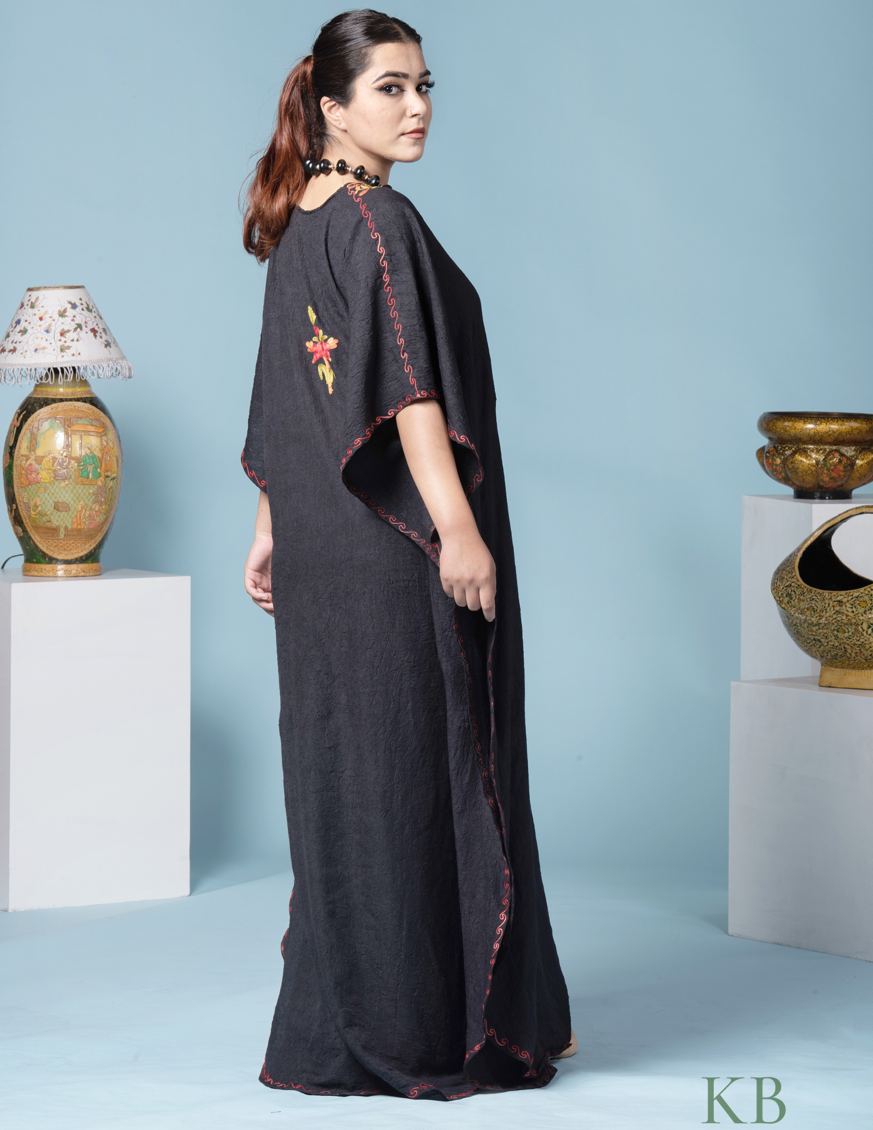 Black Floral Aari Embroidered Summer Cotton Kaftan - Kashmir Box
