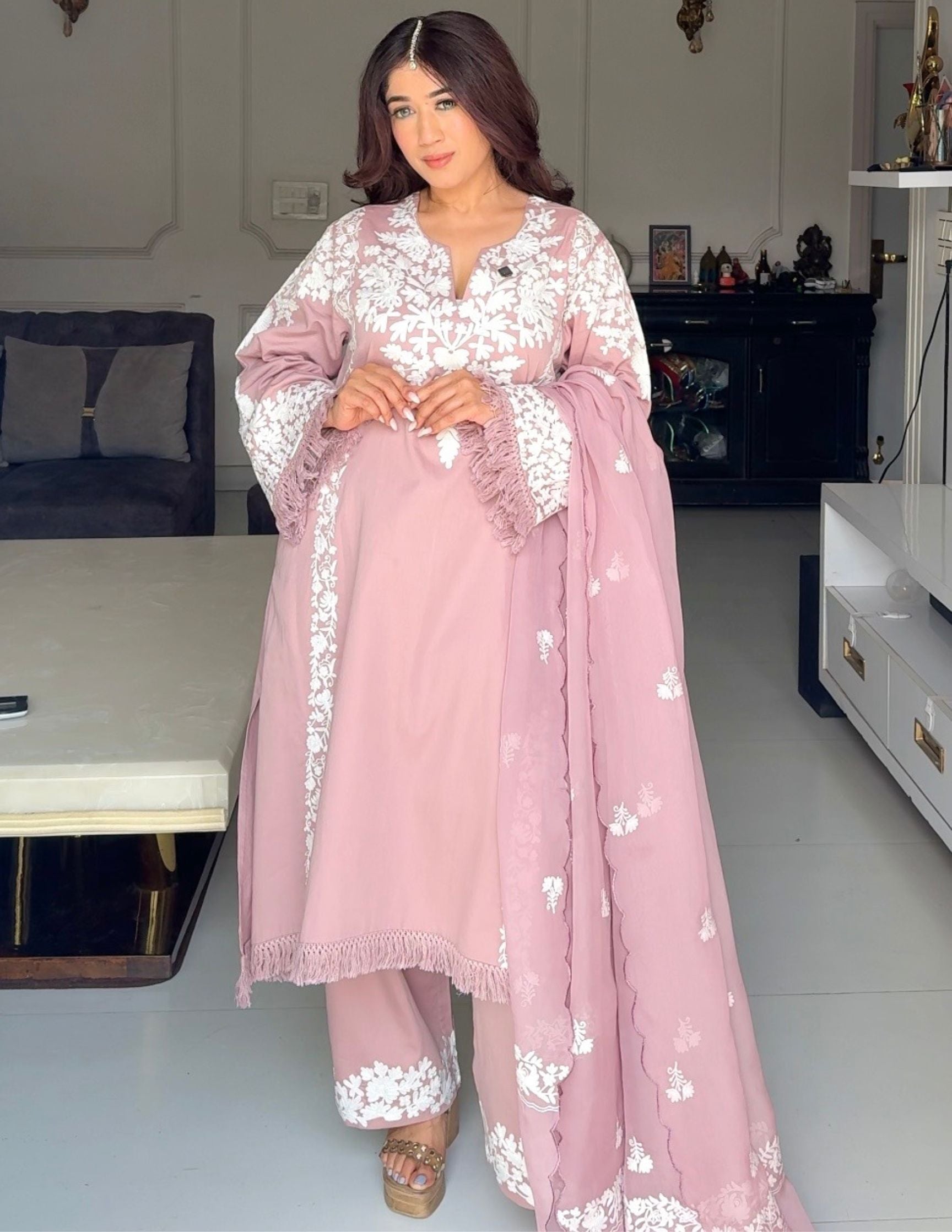 Mauve Cotton Satin Suit Set with Fine Aari Embroidery & Organza Dupatta — Bulbul Collection | Kashmiri Summer Festive Wear - Kashmir Box