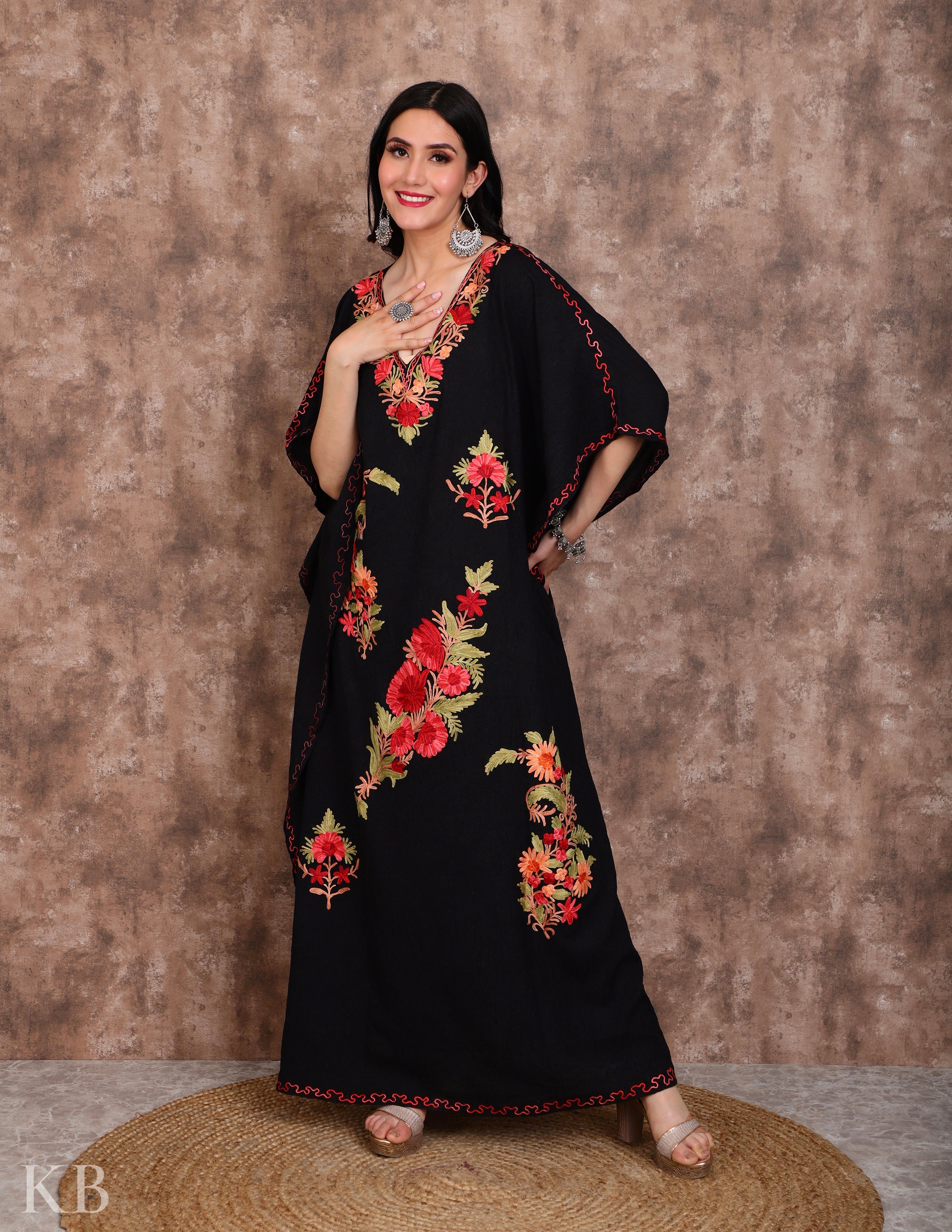 Elegant Black Aari Work Summer Cotton Kaftan - Kashmir Box