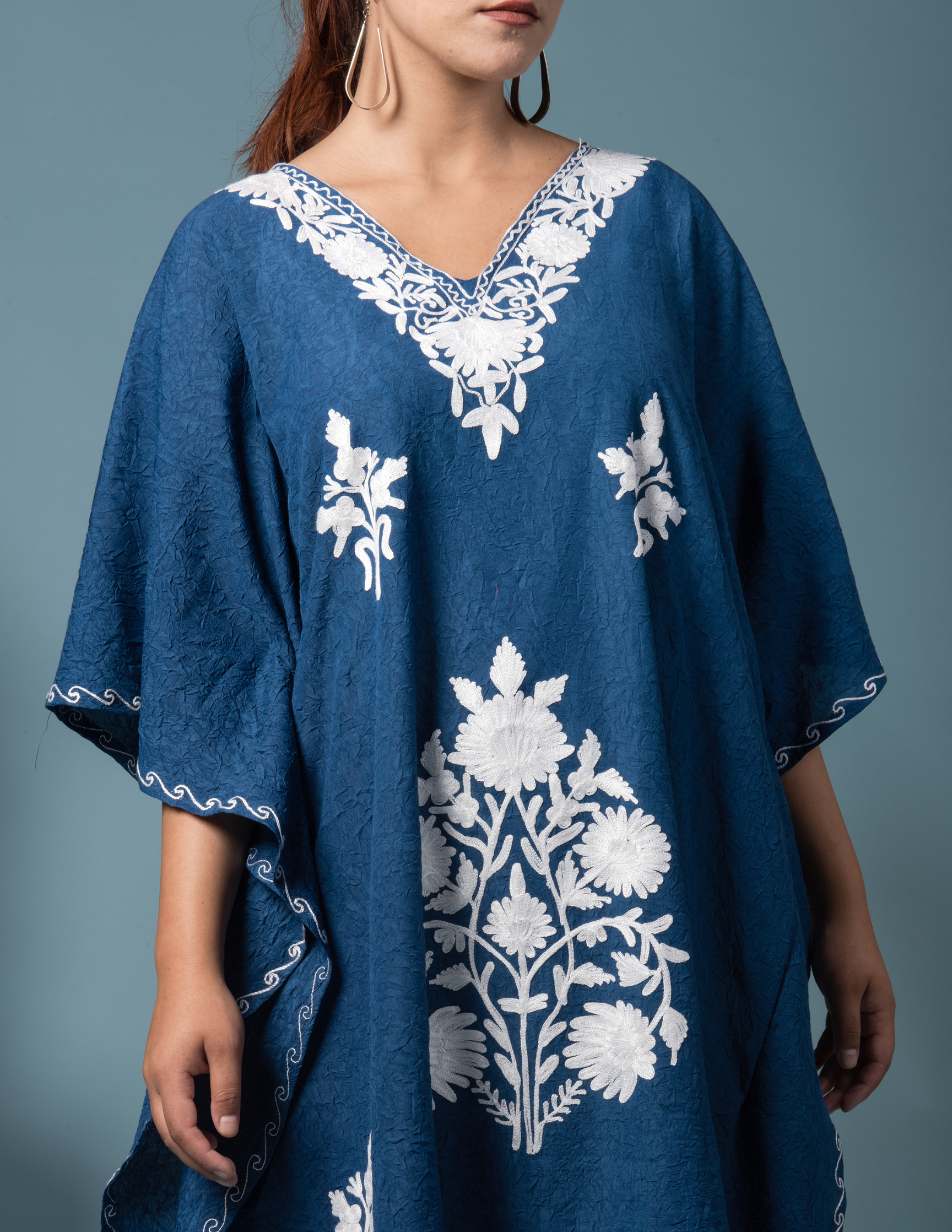 Classic Blue Cotton Aari Embroidered Short Summer Kaftan - Kashmir Box
