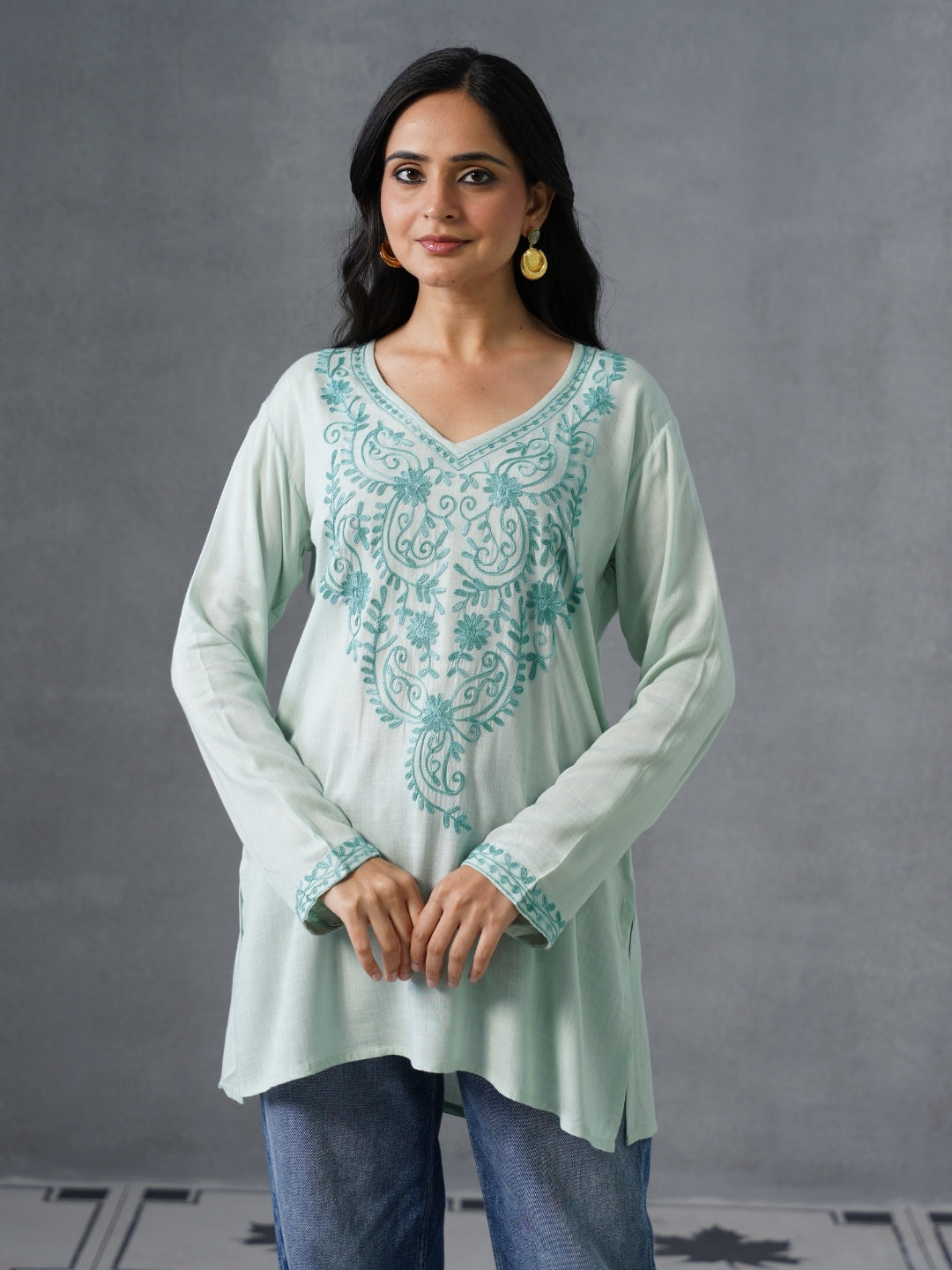 Women’s Light Blue Kashmiri Aari Embroidered Floral Short Kurti – Casual & Office Wear