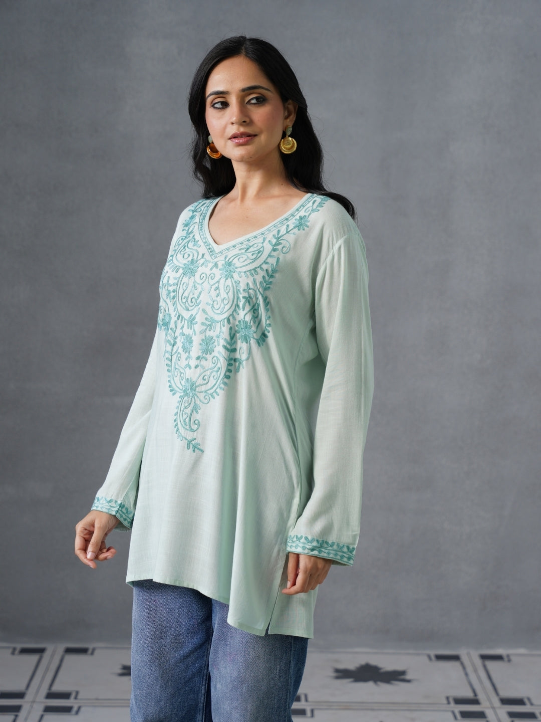 Women’s Light Blue Kashmiri Aari Embroidered Floral Short Kurti – Casual & Office Wear