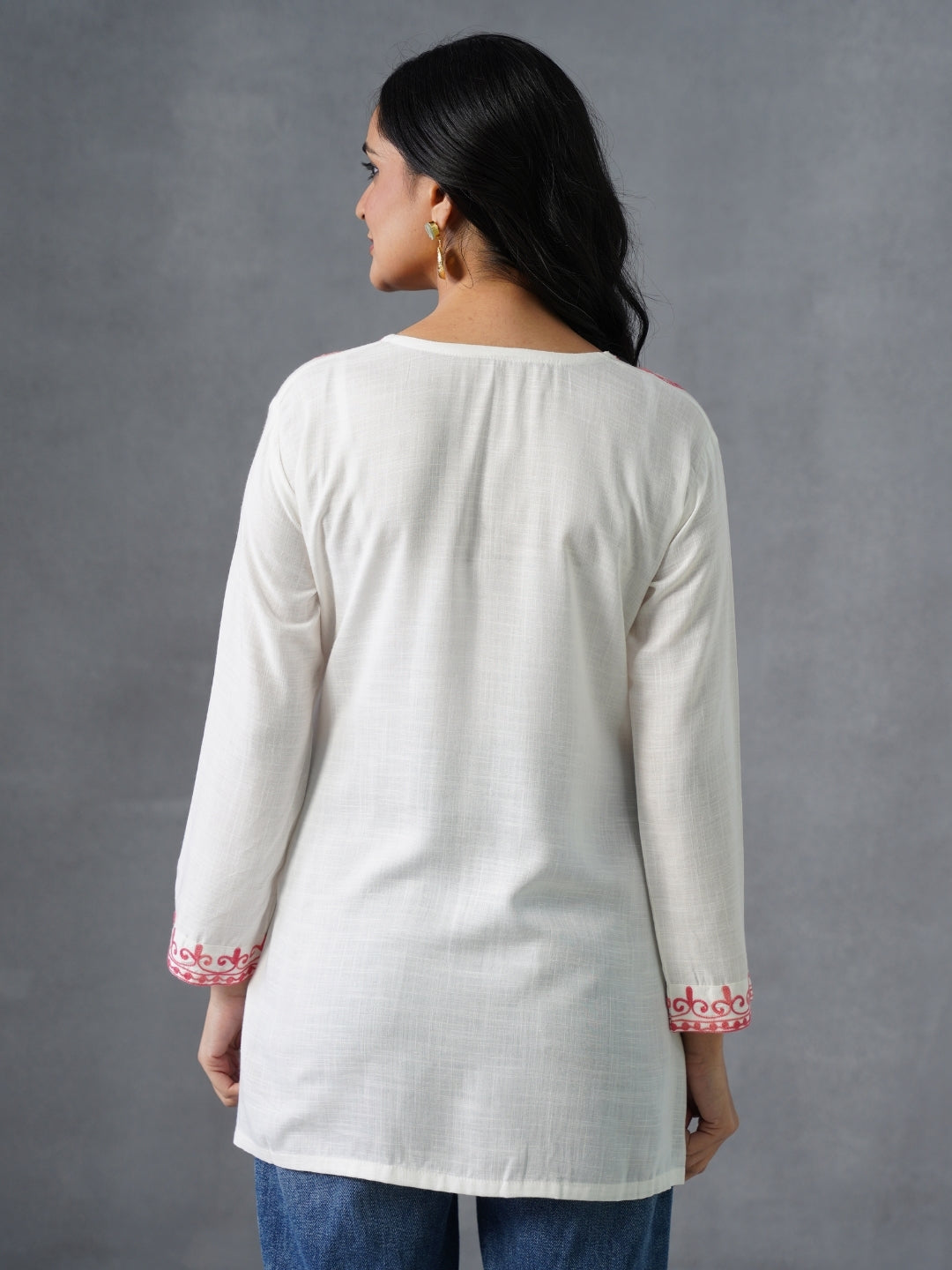 Women’s White Kashmiri Aari Embroidered Red Floral Short Kurti – Casual & Office Wear