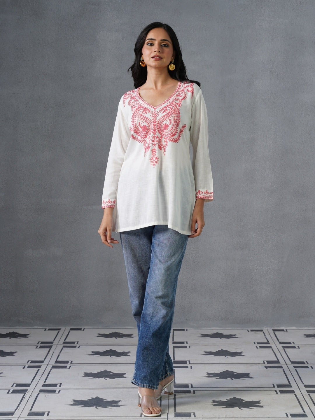 Women’s White Kashmiri Aari Embroidered Red Floral Short Kurti – Casual & Office Wear