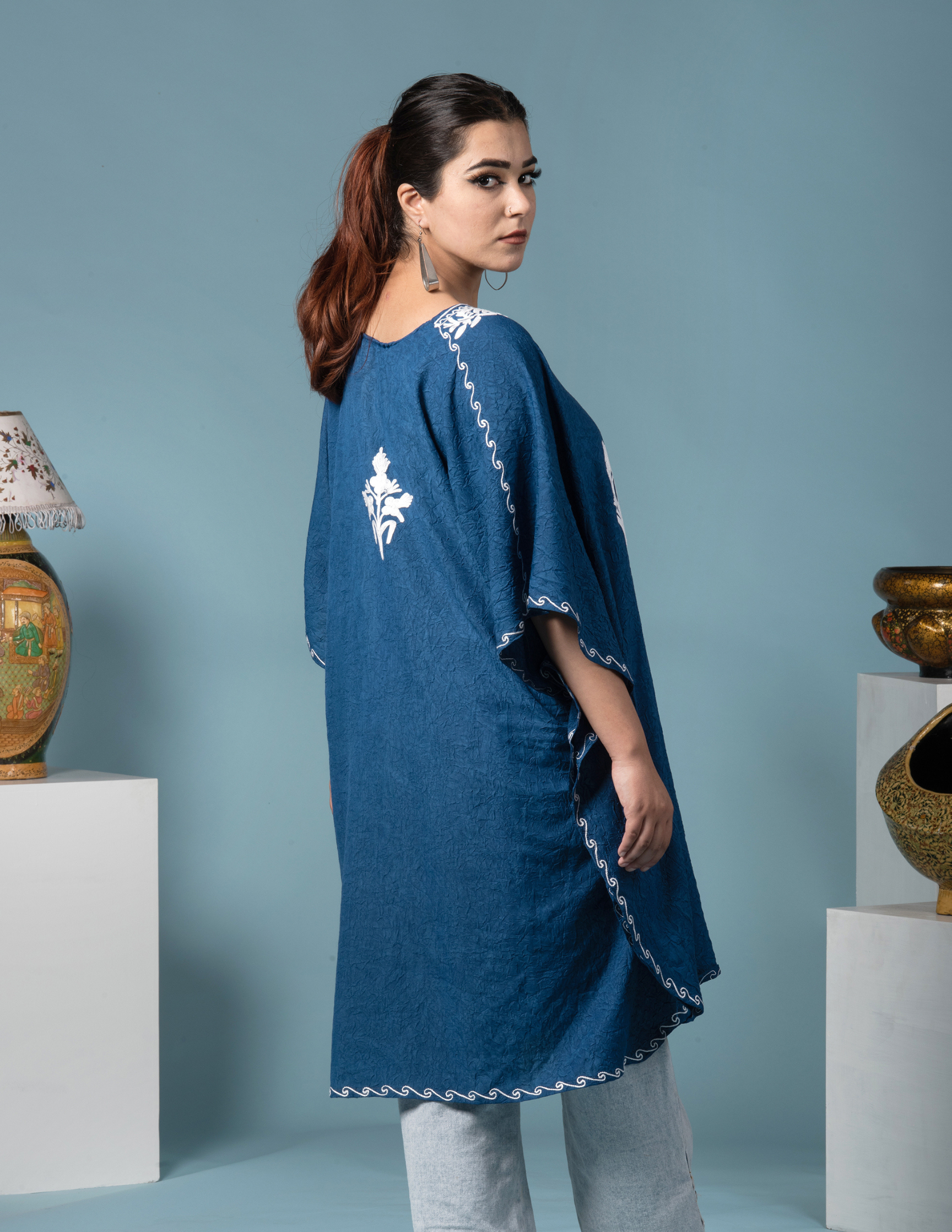 Classic Blue Cotton Aari Embroidered Short Summer Kaftan - Kashmir Box