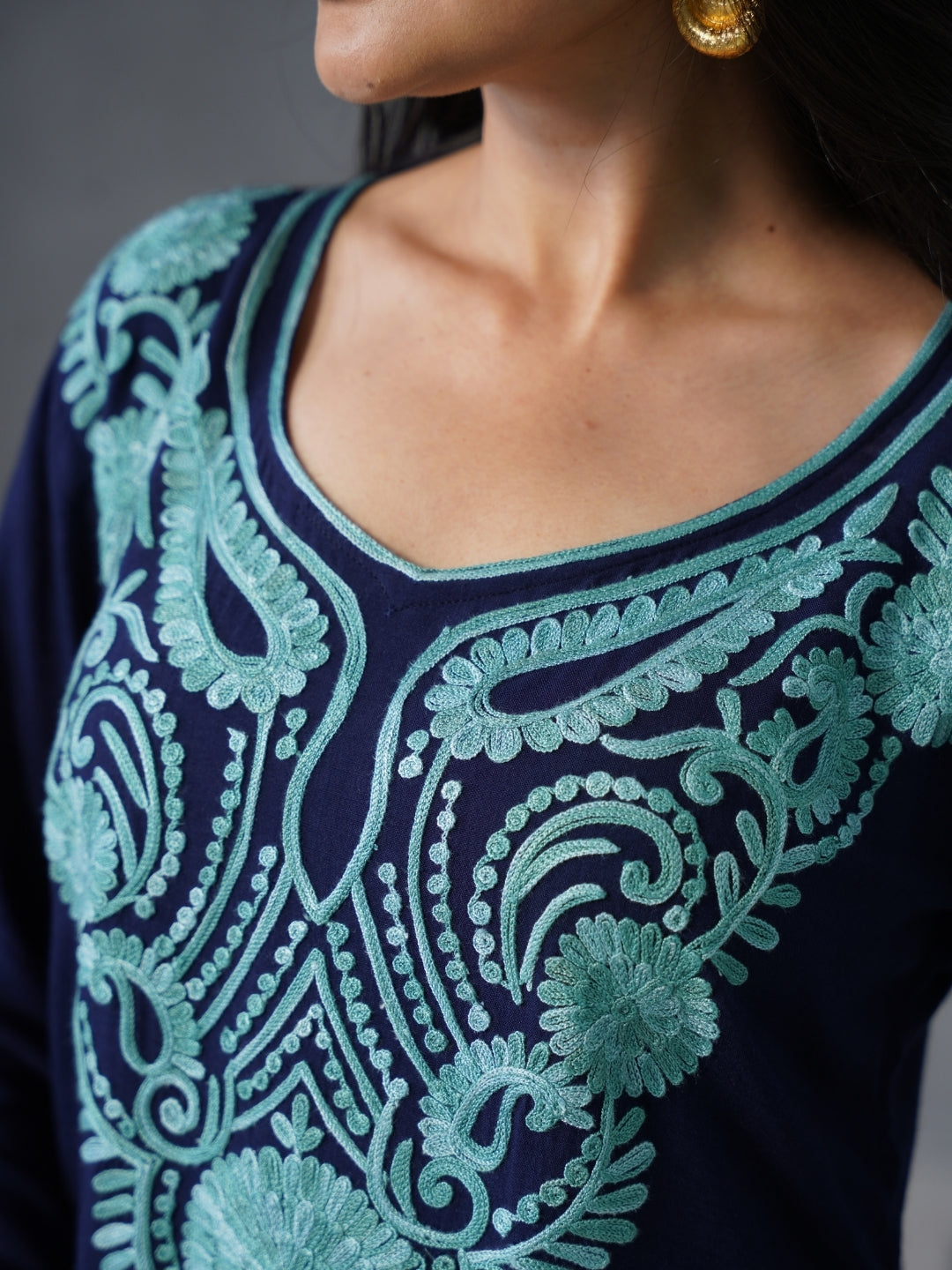 Women’s Navy Blue Kashmiri Aari Embroidered Short Kurti – Casual & Office Wear