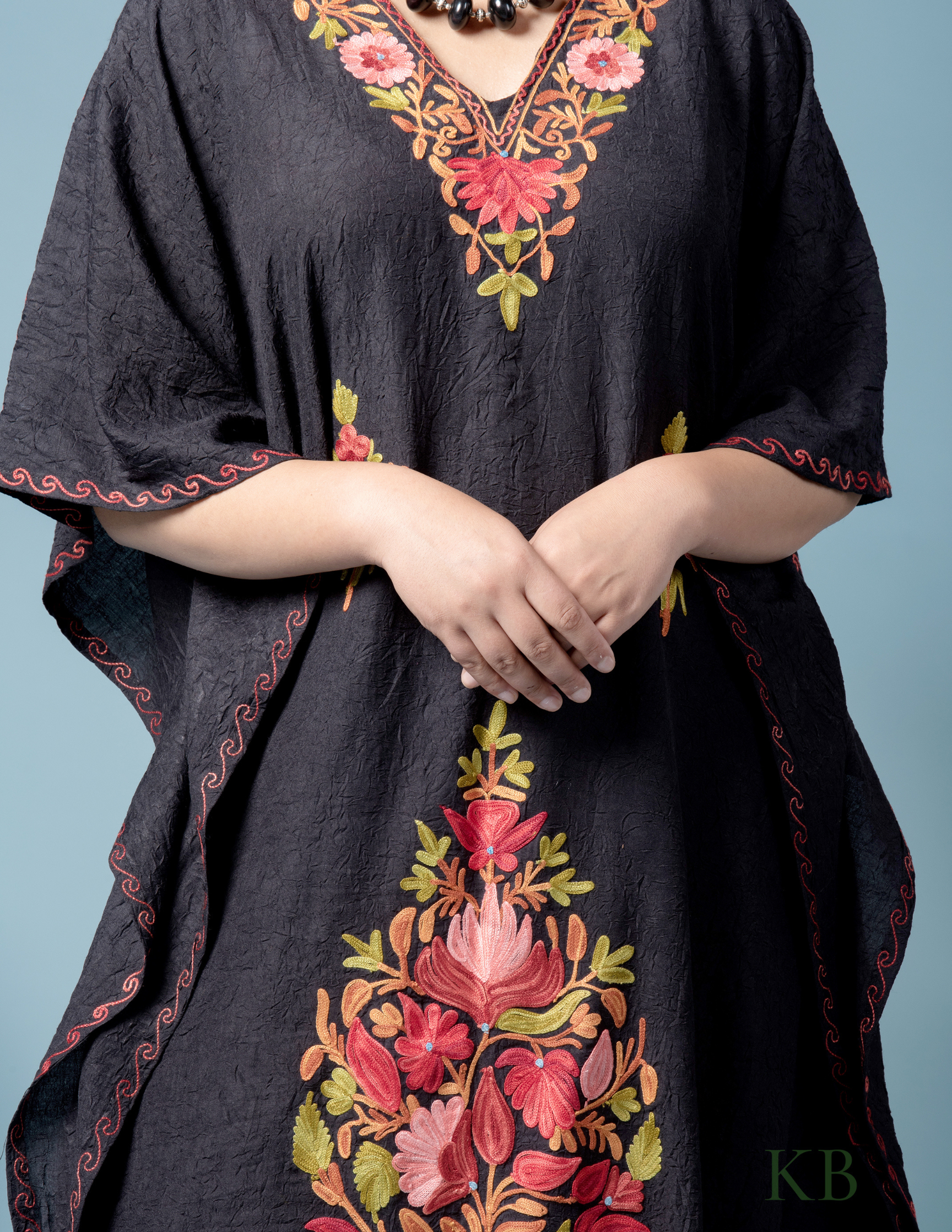 Black Floral Aari Embroidered Summer Cotton Kaftan - Kashmir Box