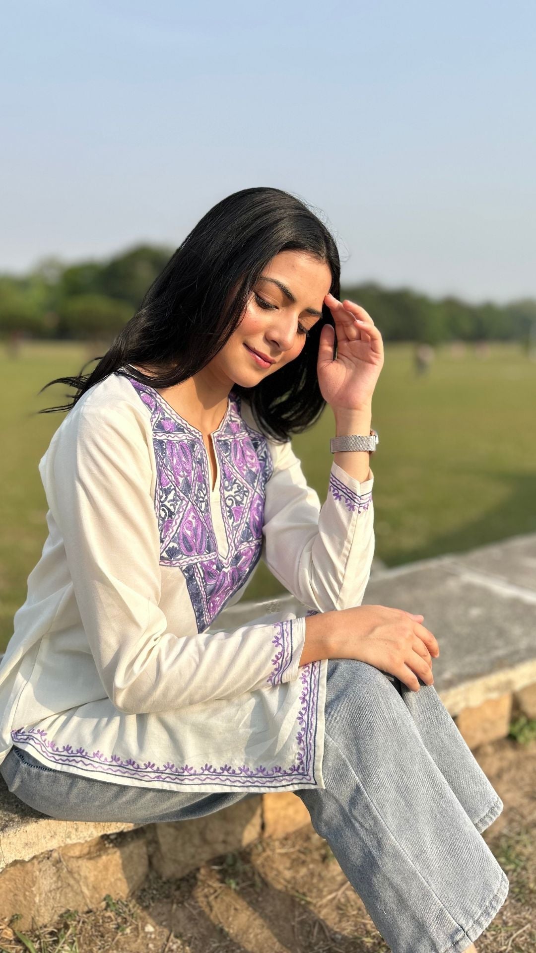 Lilac-Tinted Embroidered White Cotton Kurti - Kashmir Box